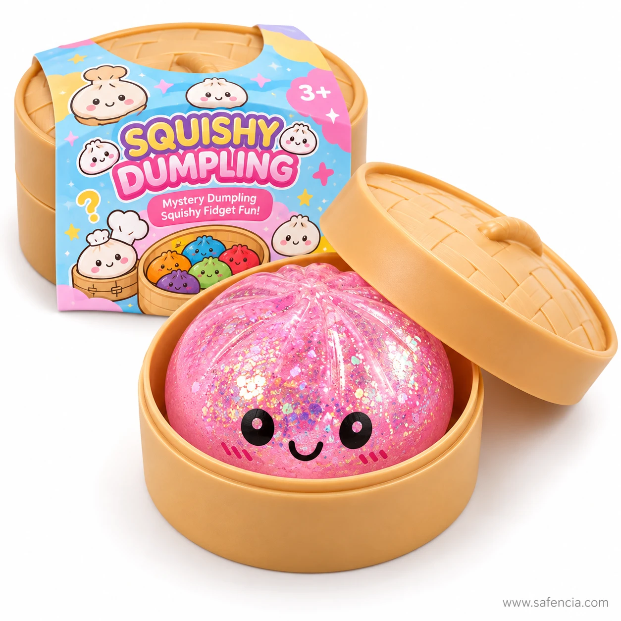 Pink glitter dumpling squishy in a steamer beside a Squishy Dumpling mystery fidget box with a 3+ mark