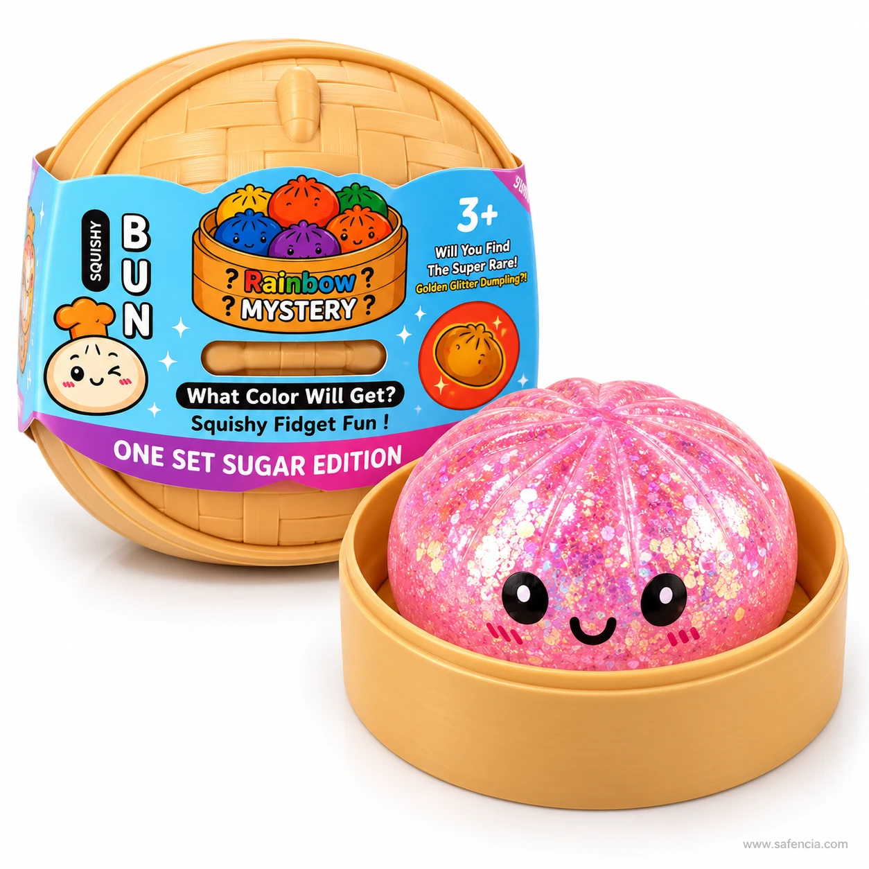 Pink glitter dumpling squishy in front of a steamer labelled Rainbow Mystery, What Color Will Get