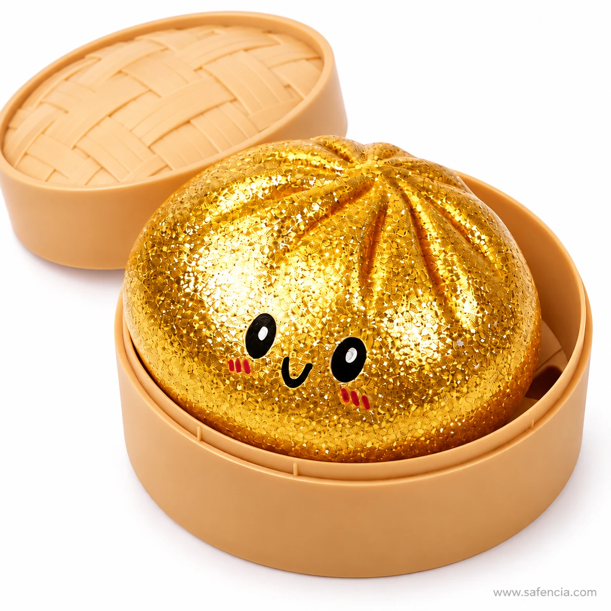 Gold dumpling squishy covered in fine dense glitter with a smiling face in a bamboo-style steamer