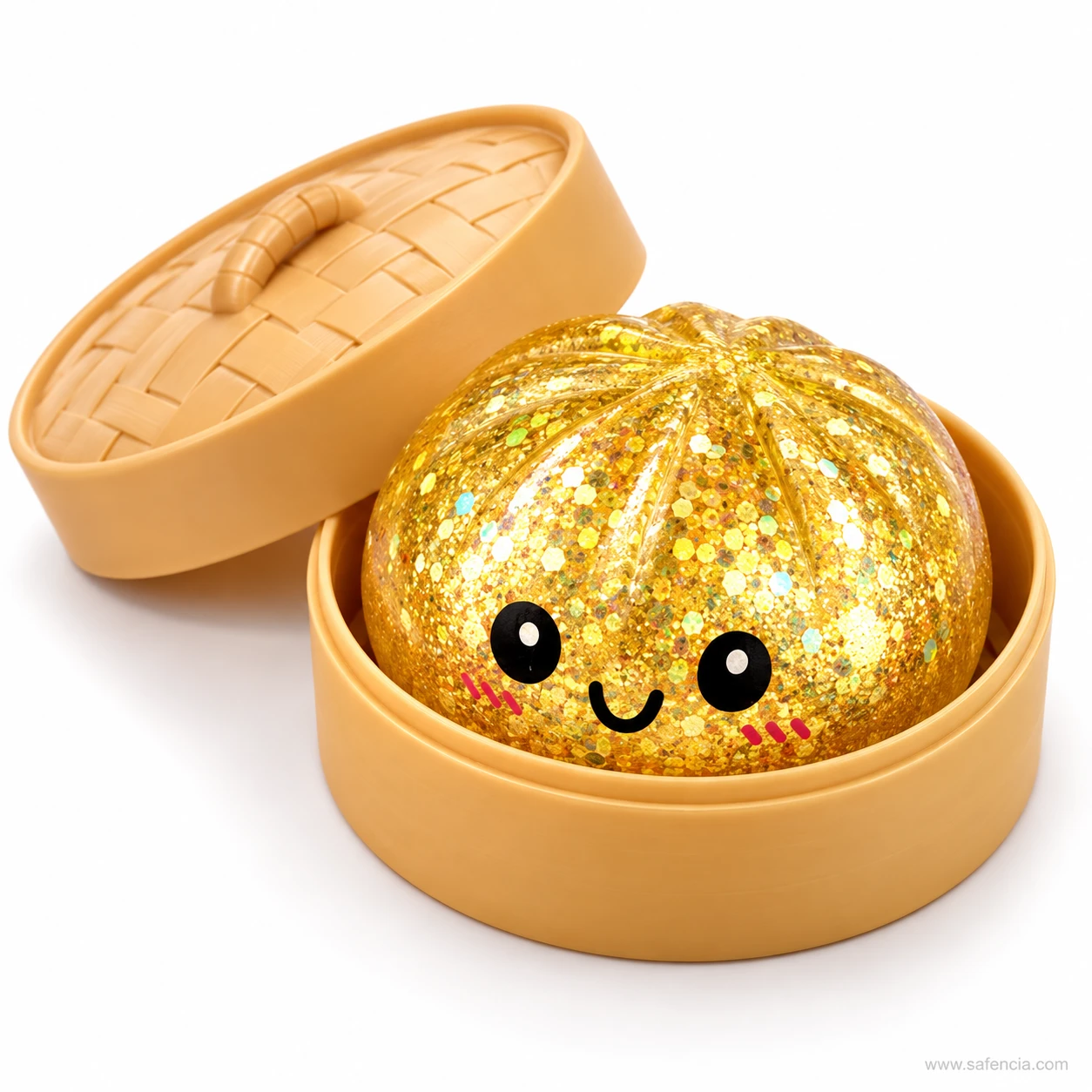 Gold sequin glitter dumpling squishy with a smiling face resting in the base of a bamboo-style steamer