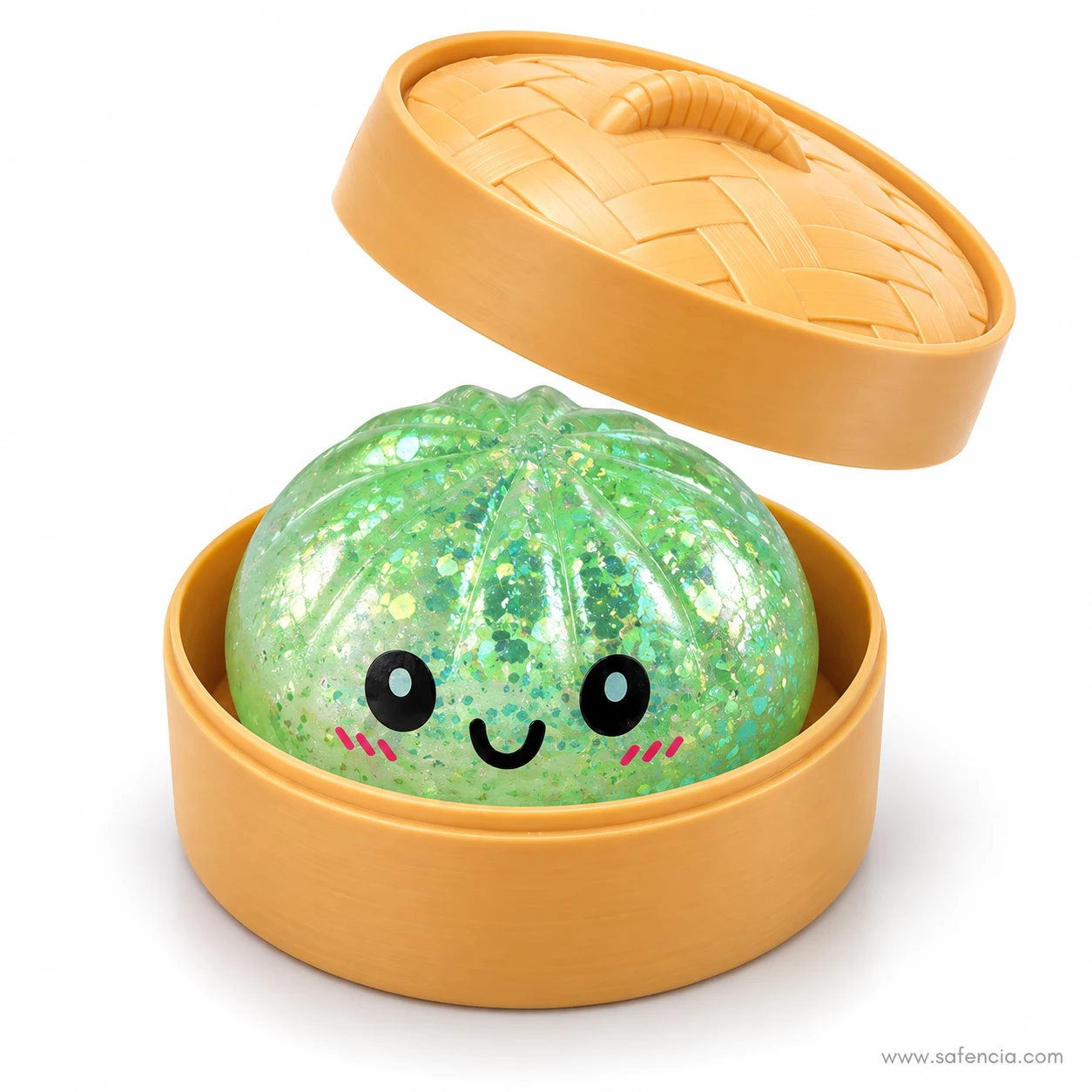 Green sequin glitter dumpling squishy with a smiling face and the steamer lid lifted above it
