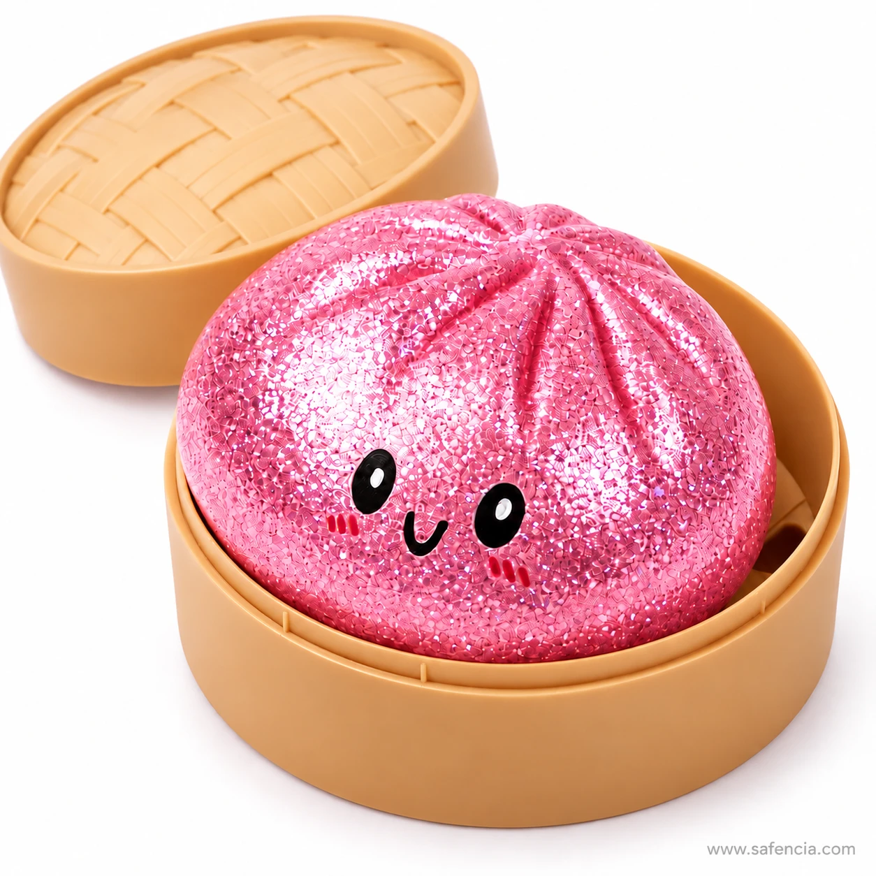 Pink dumpling squishy covered in dense fine glitter with a kawaii face in a bamboo-style steamer