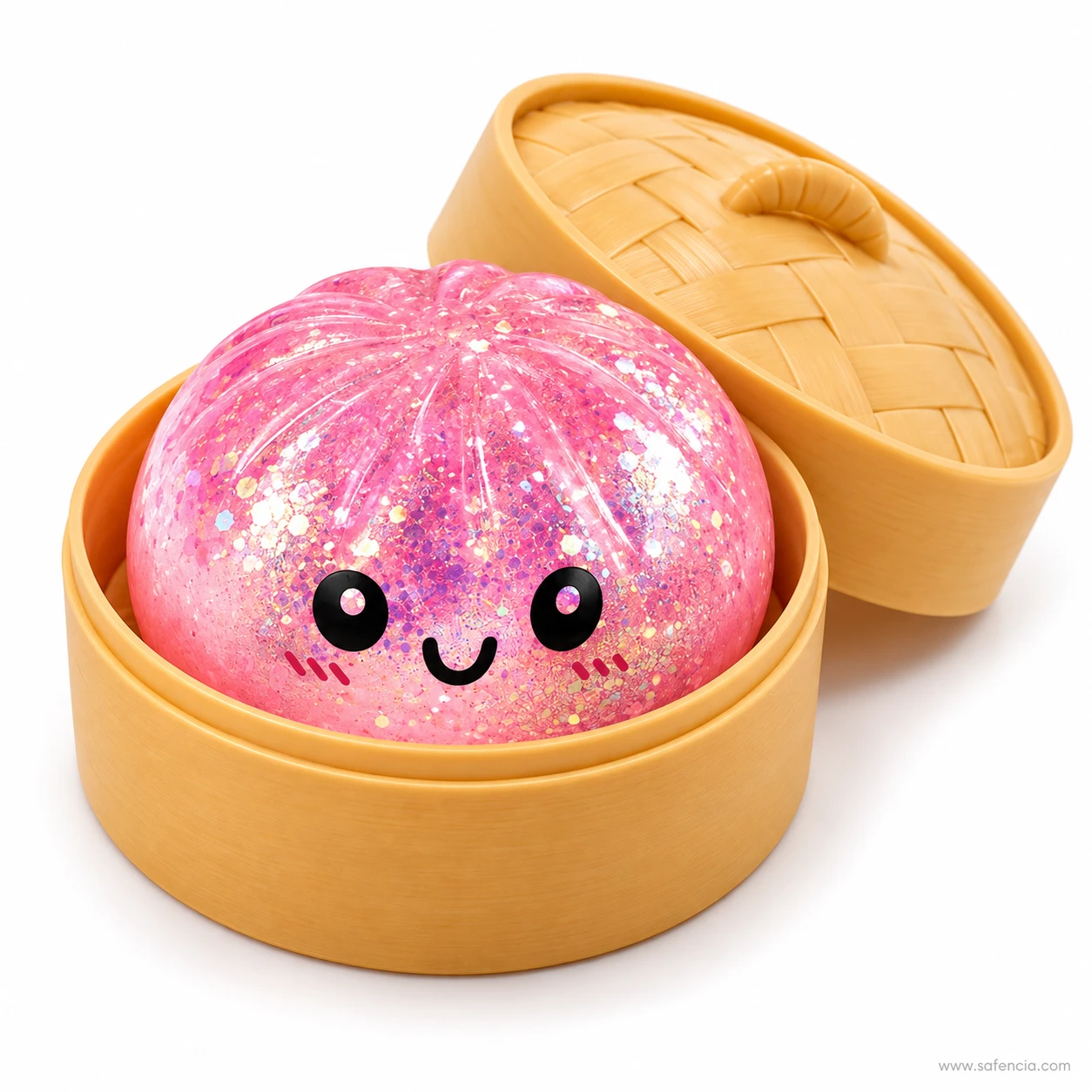 Clear pink glitter dumpling squishy packed with chunky sequin flakes and a smiling face in a steamer