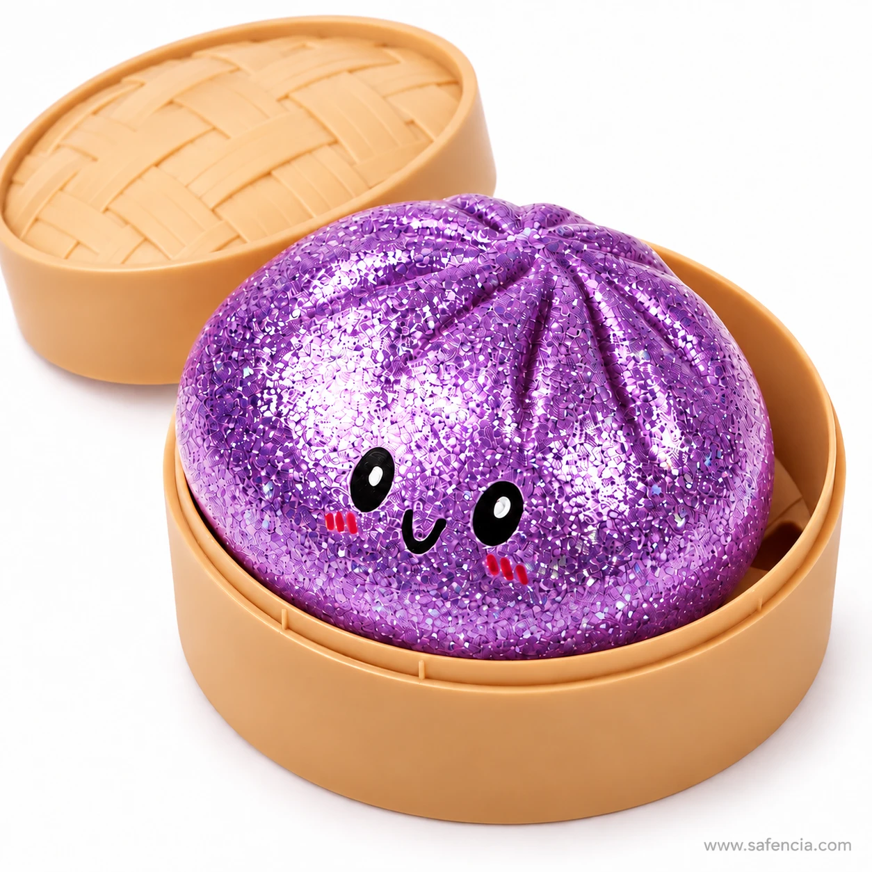 Purple fine glitter dumpling squishy with a smiling face sitting in the base of a bamboo-style steamer