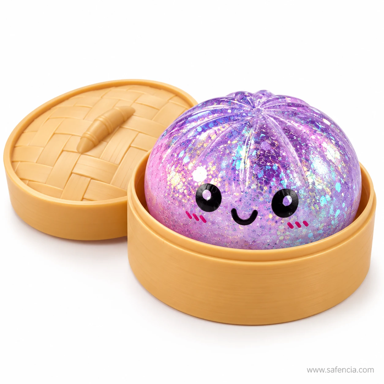 Purple and lilac sequin glitter dumpling squishy with a smiling face in a bamboo-style steamer base