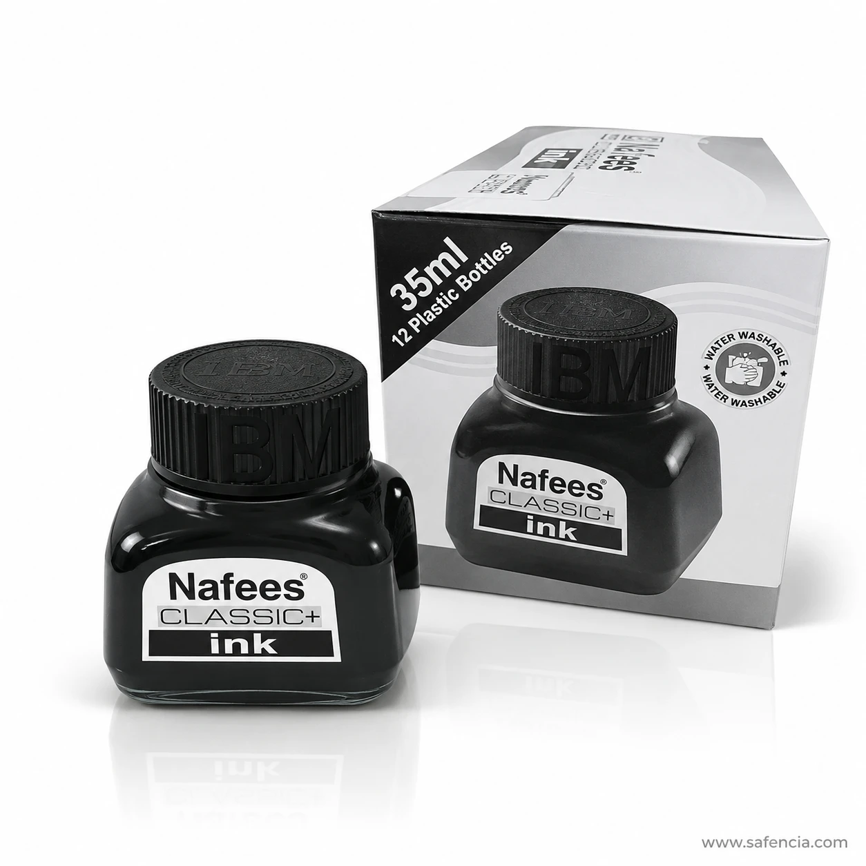 Two Nafees Classic+ black ink 35ml bottles beside the printed shop carton