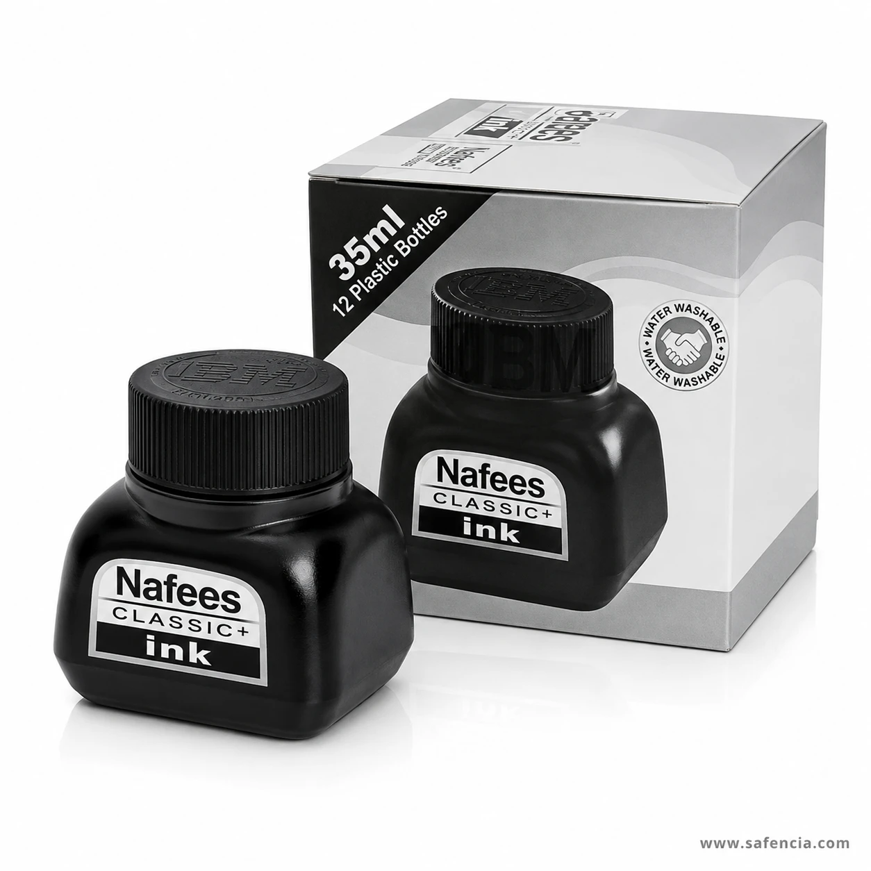 Nafees Classic+ black ink bottle beside the carton marked 35ml 12 plastic bottles and water washable