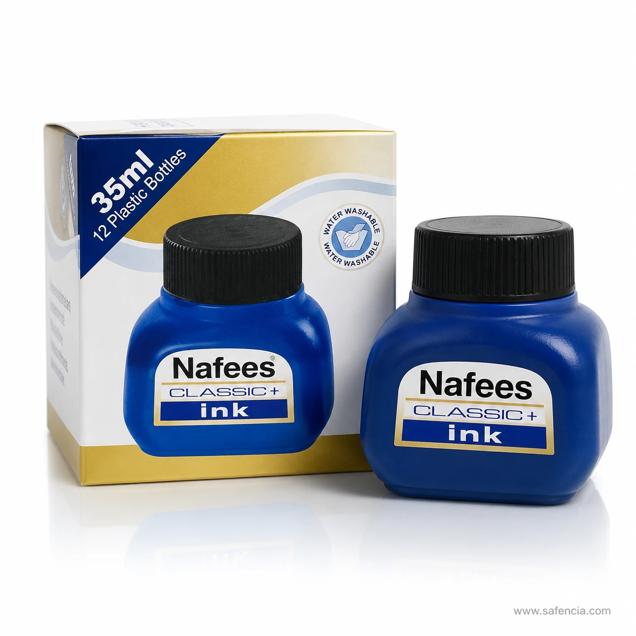 Nafees Classic+ blue ink bottle with ribbed black screw cap in front of the shop carton