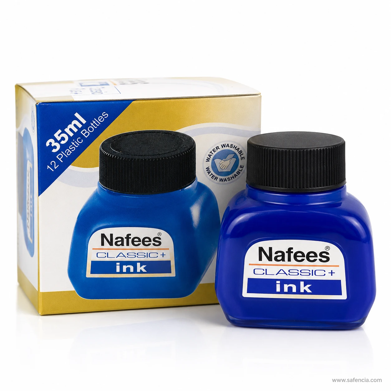Translucent blue Nafees Classic+ ink bottle showing the ink colour through the moulded plastic