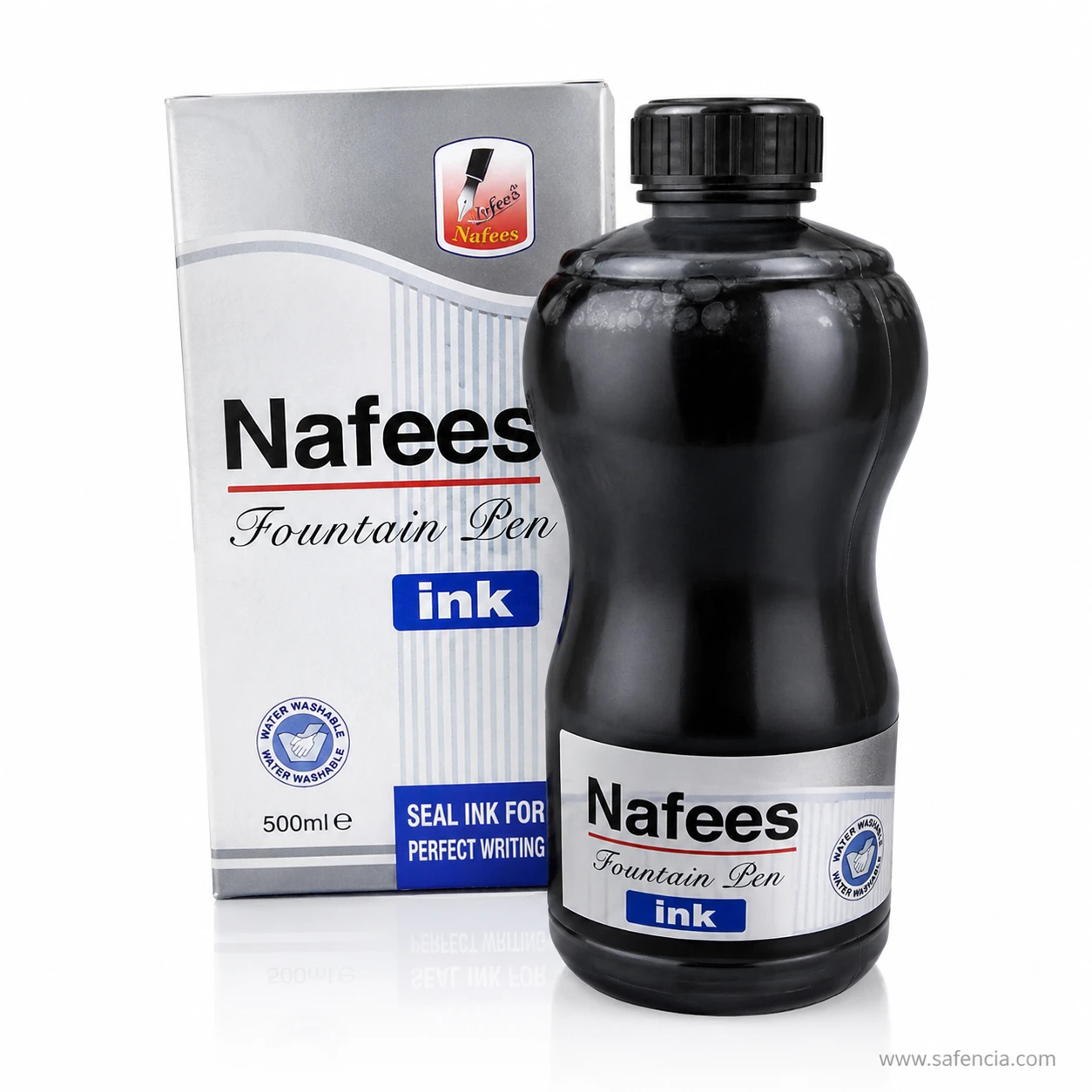 Nafees 500ml black fountain pen ink bottle with the carton marked water washable and 500ml