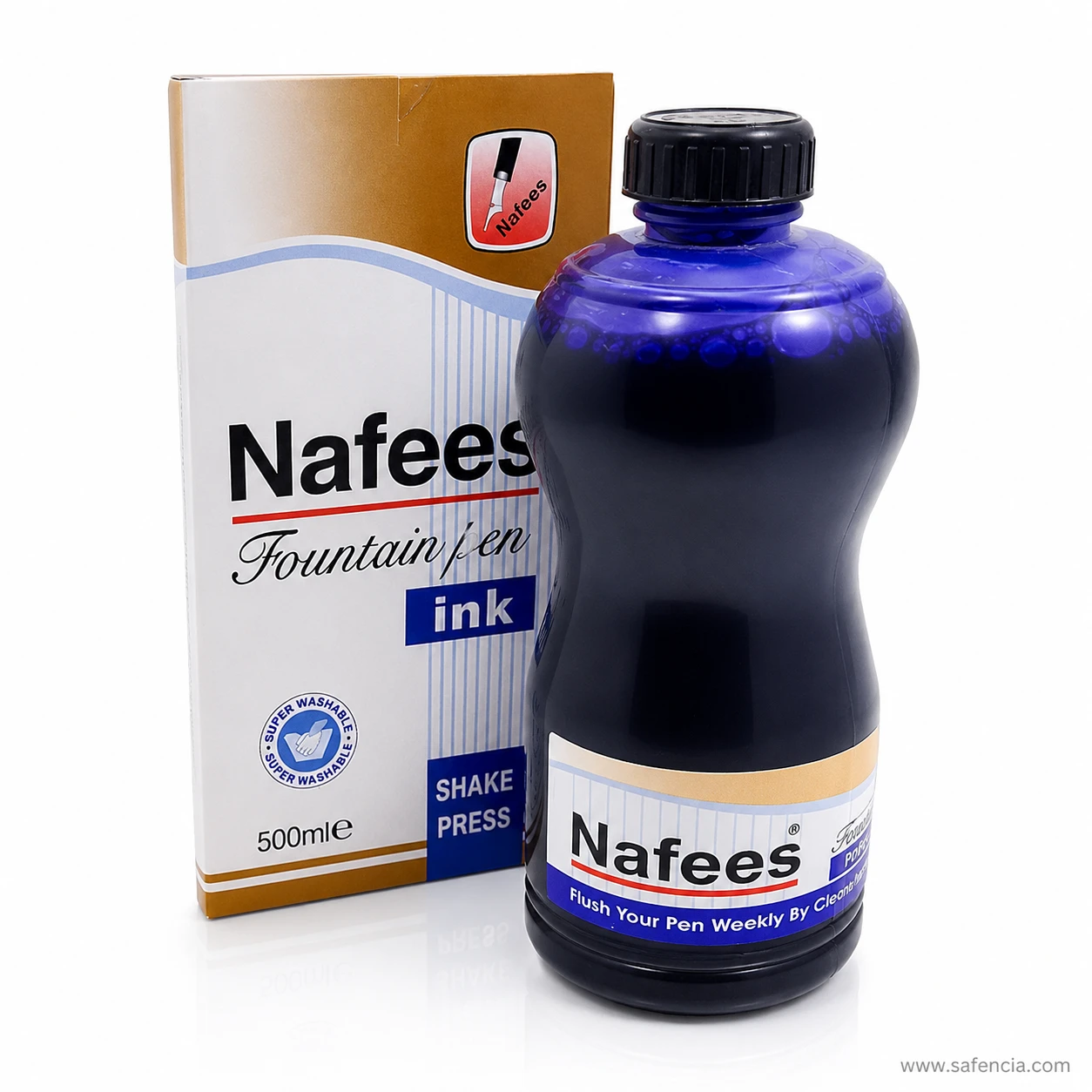 Nafees 500ml blue fountain pen ink bottle with the carton marked super washable and 500ml
