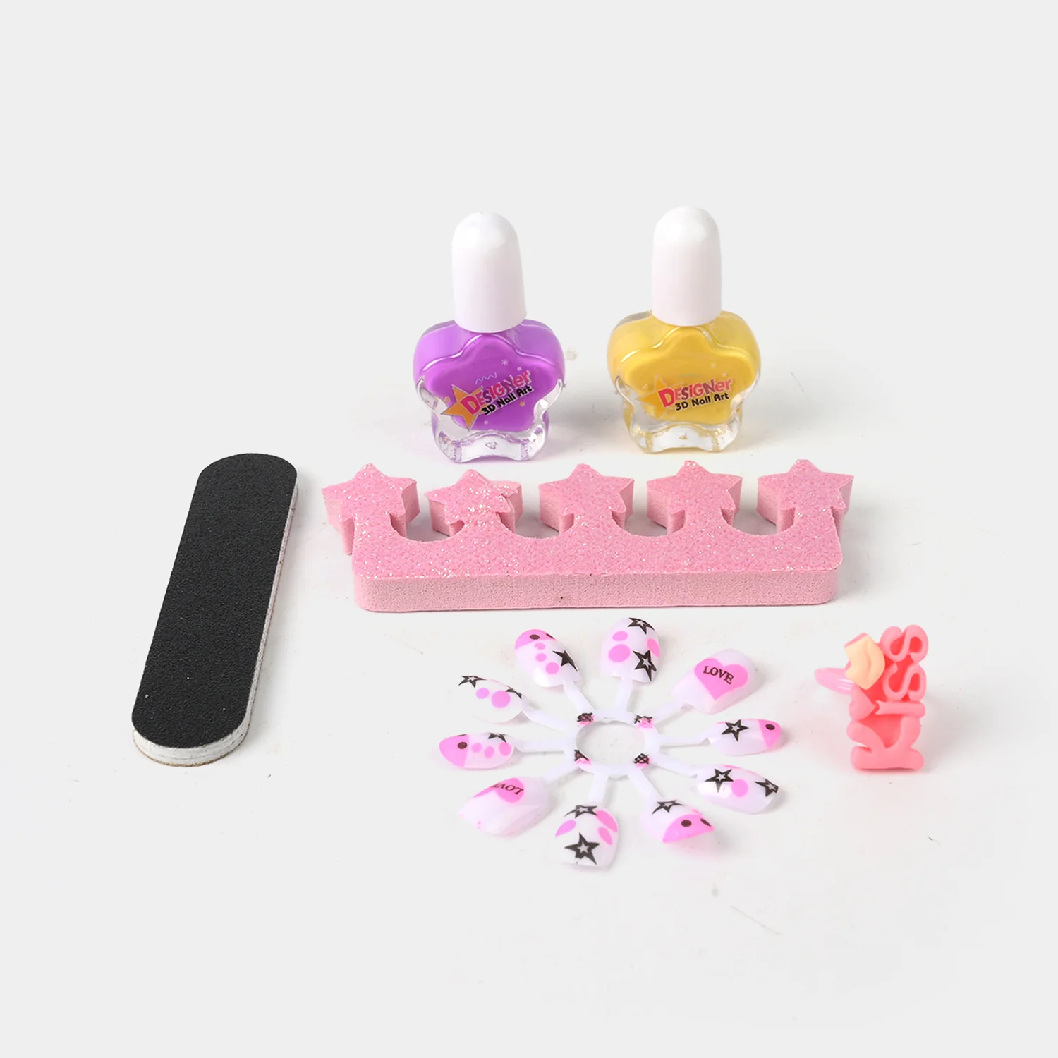 Nail Art Fashion Kit open view - polishes, press-on nails, file and ring