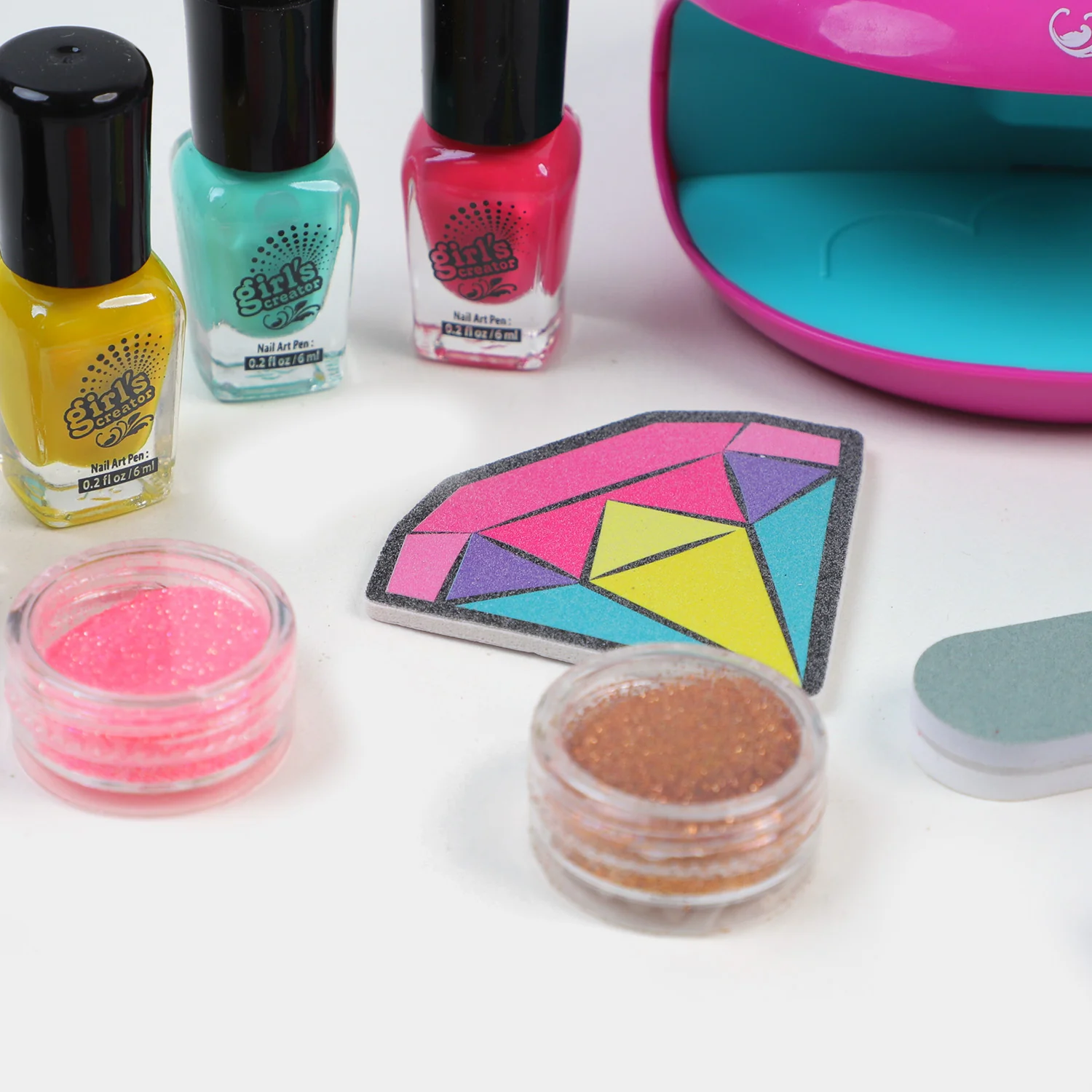 Deluxe Nail Art Studio Set detail view - glitter, gems and buffers