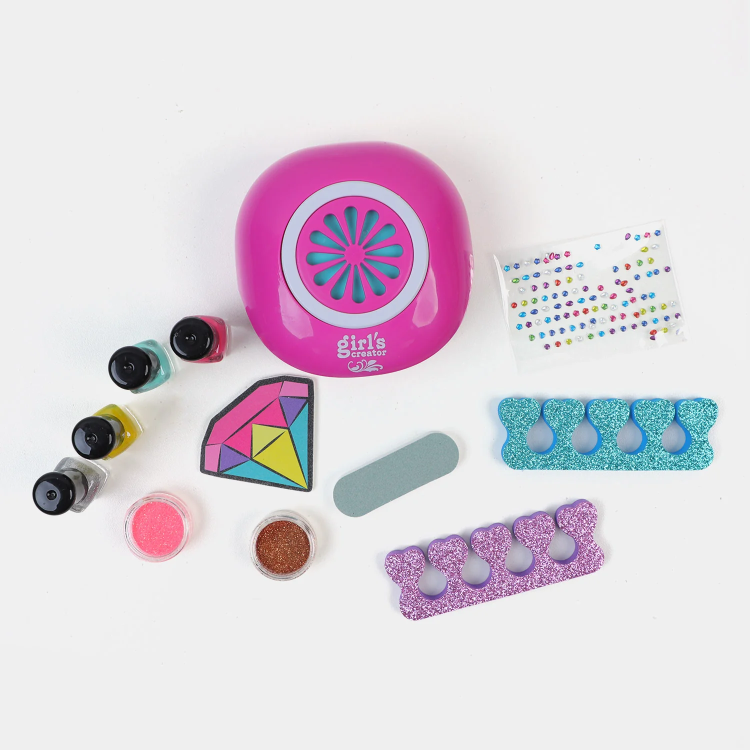 Deluxe Nail Art Studio Set open view - four polishes, dryer, glitter pots, gem stickers and files