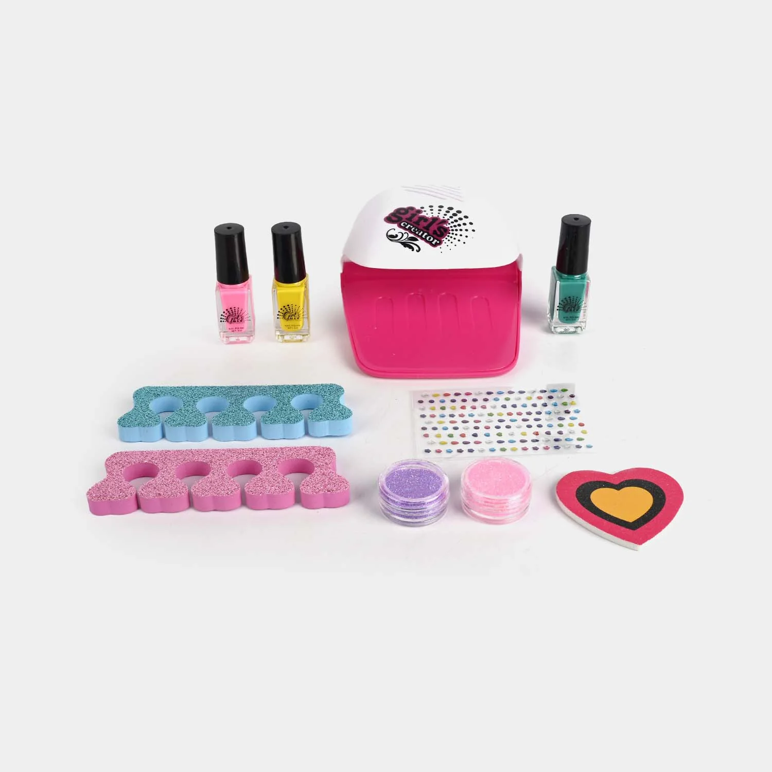 Nail Glam Salon Set open view - polishes, glitter pots, gem stickers and buffer