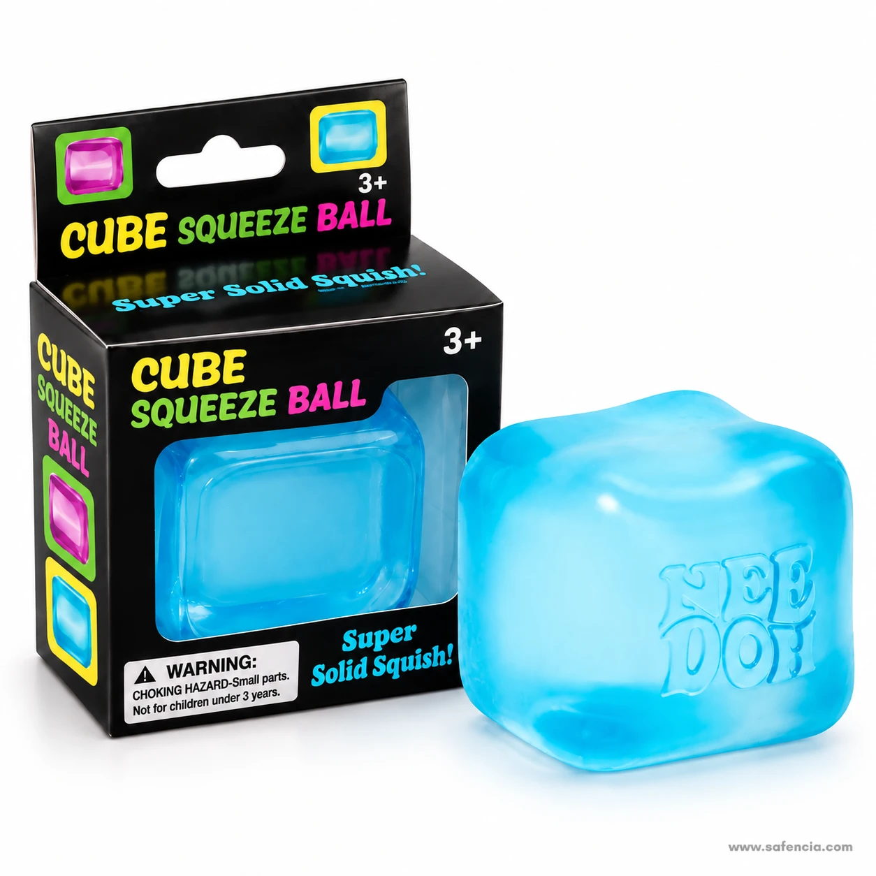Light blue frosted nice cube squishy with raised NEE DOH lettering beside its Cube Squeeze Ball box