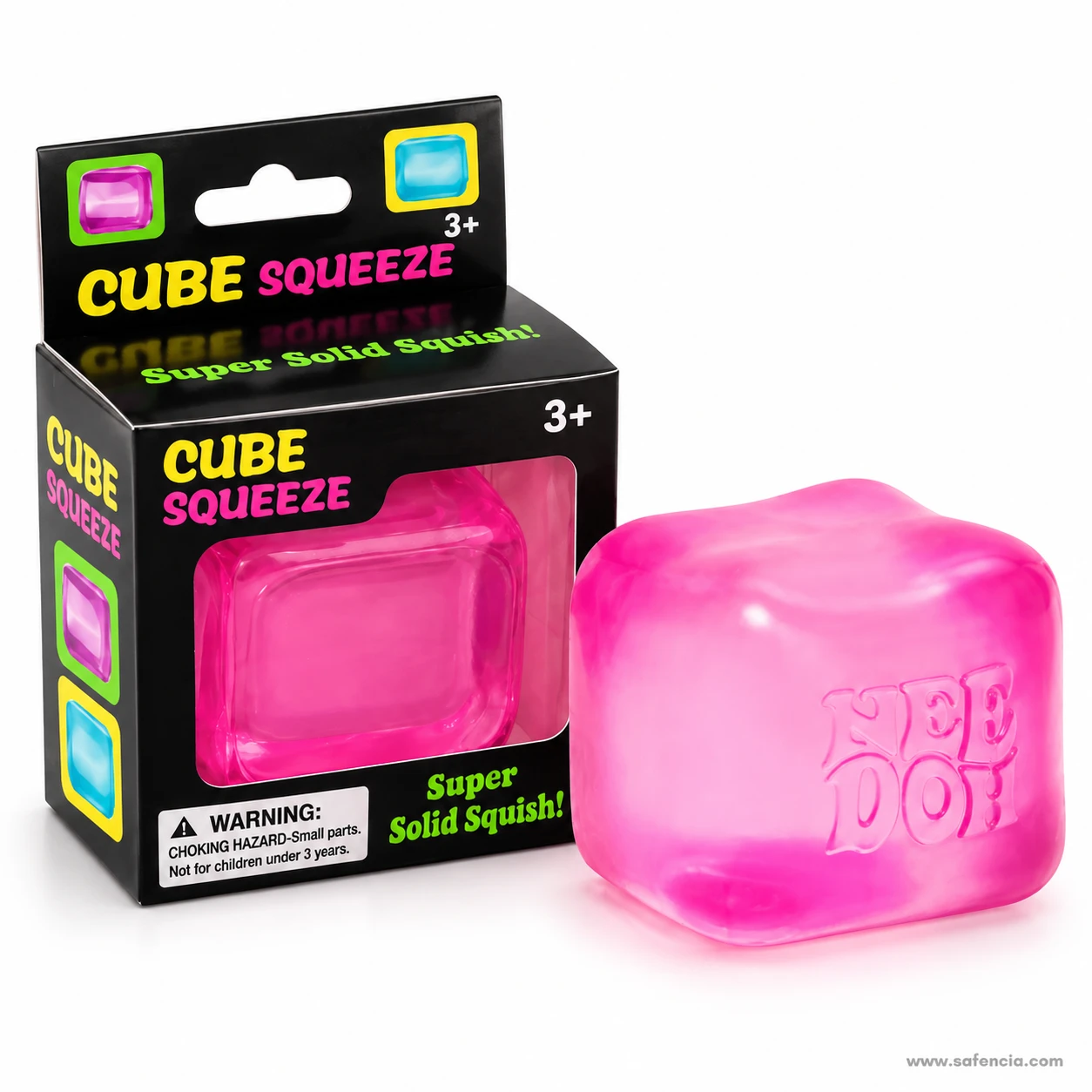 Pink frosted nice cube squishy embossed NEE DOH next to its black Cube Squeeze box with a 3+ age mark