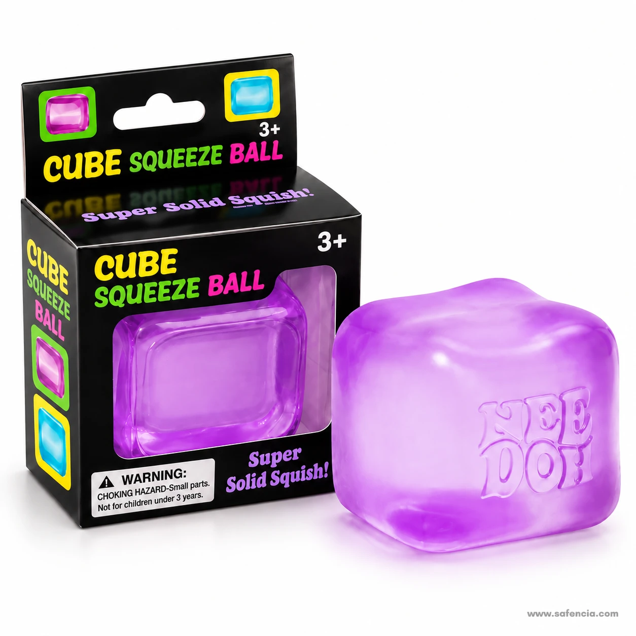 Purple frosted nice cube squishy embossed NEE DOH standing beside its black Cube Squeeze Ball box