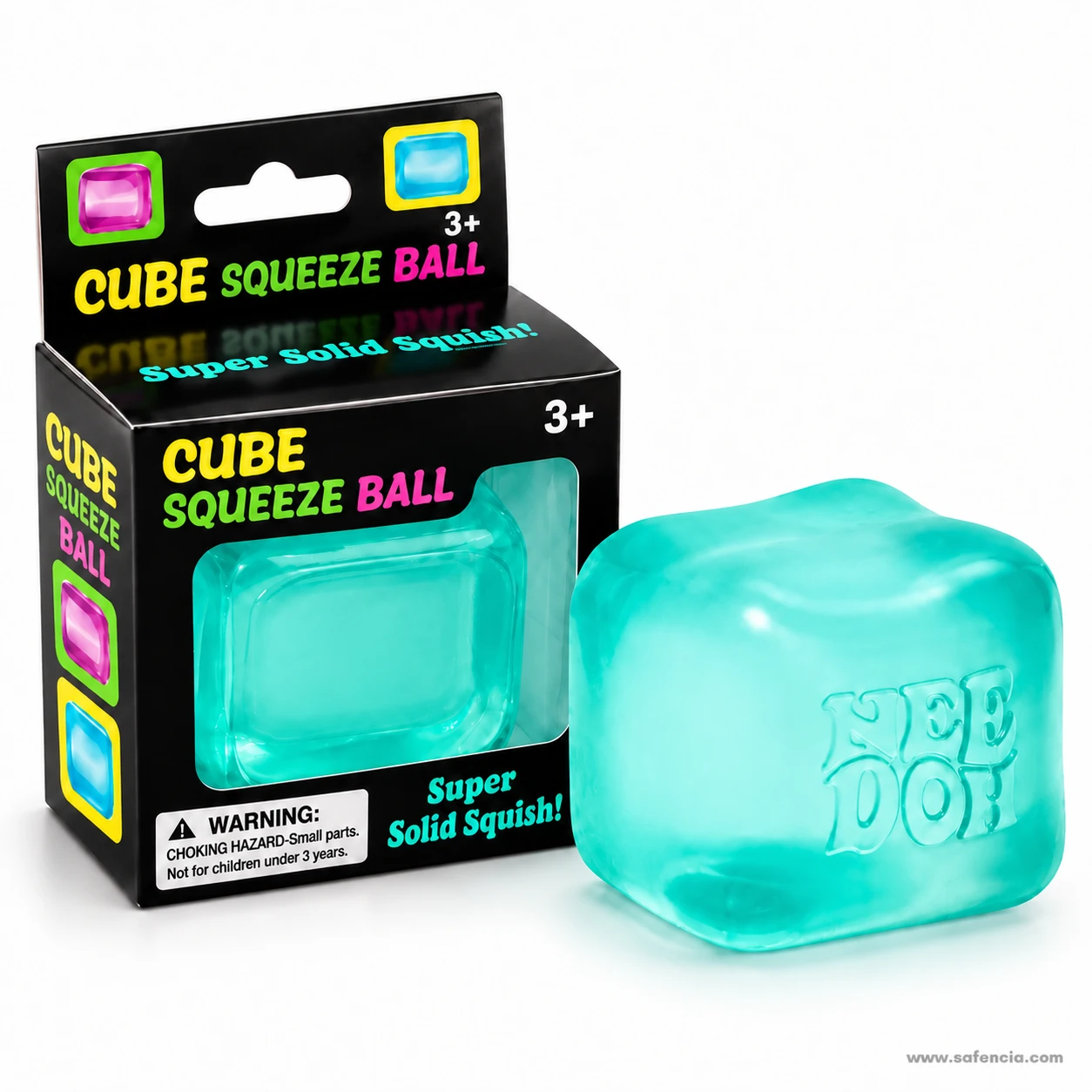 Teal green frosted nice cube squishy with NEE DOH embossing in front of a Cube Squeeze Ball box