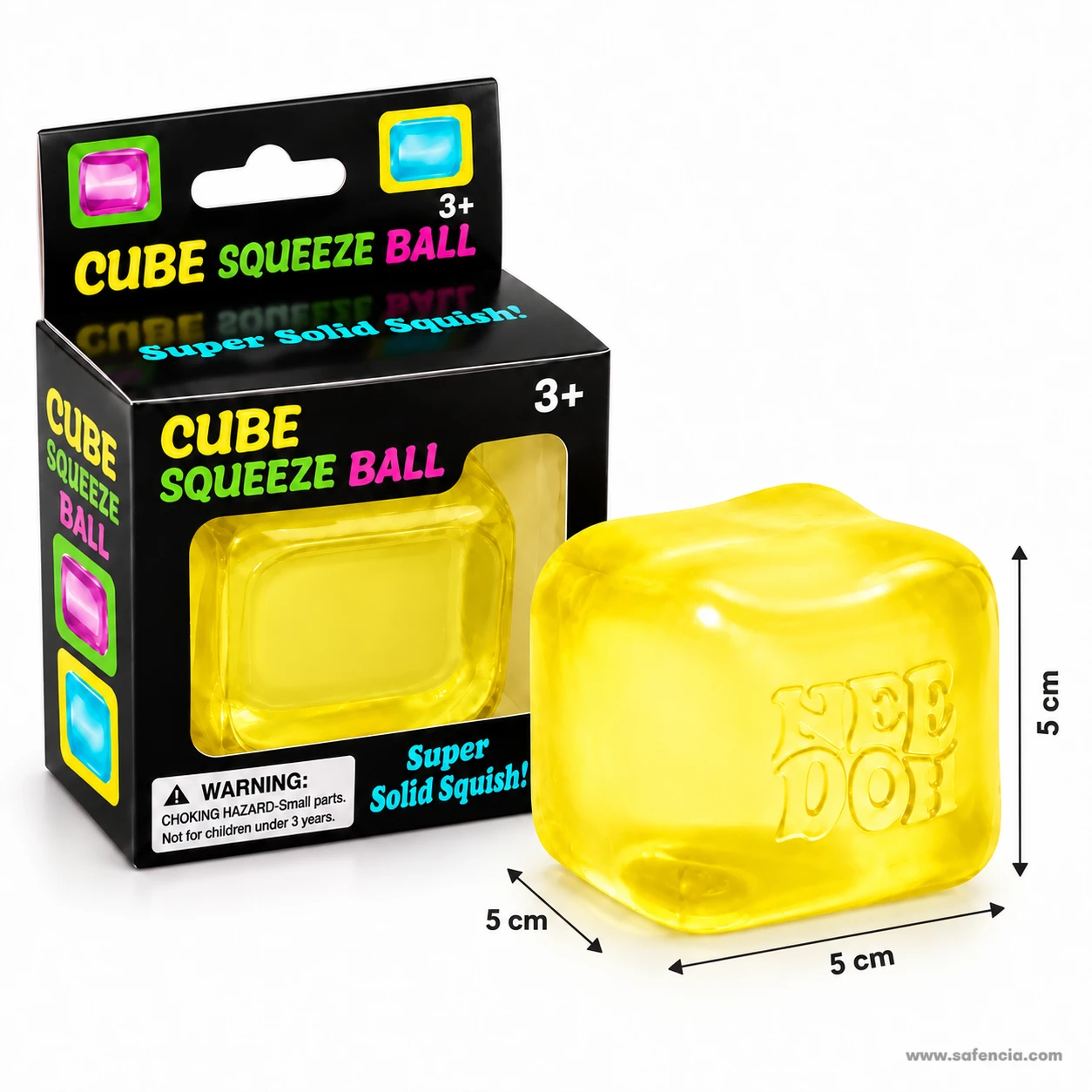 Yellow nice cube squishy beside its box with arrows marking 5 cm width, depth and height