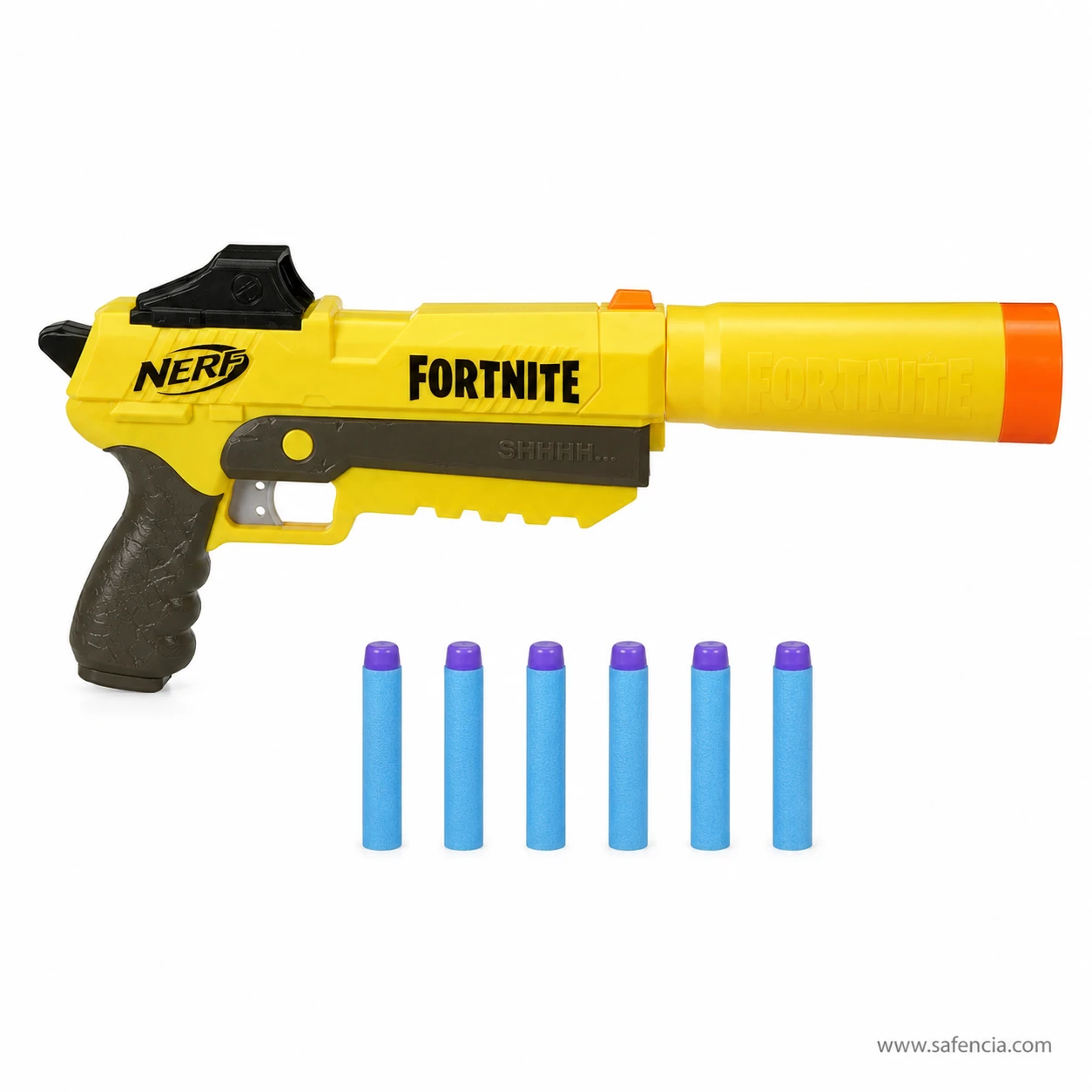 Side profile of the Nerf Fortnite SP-L showing the moulded sight block, olive slide plate and orange muzzle rim