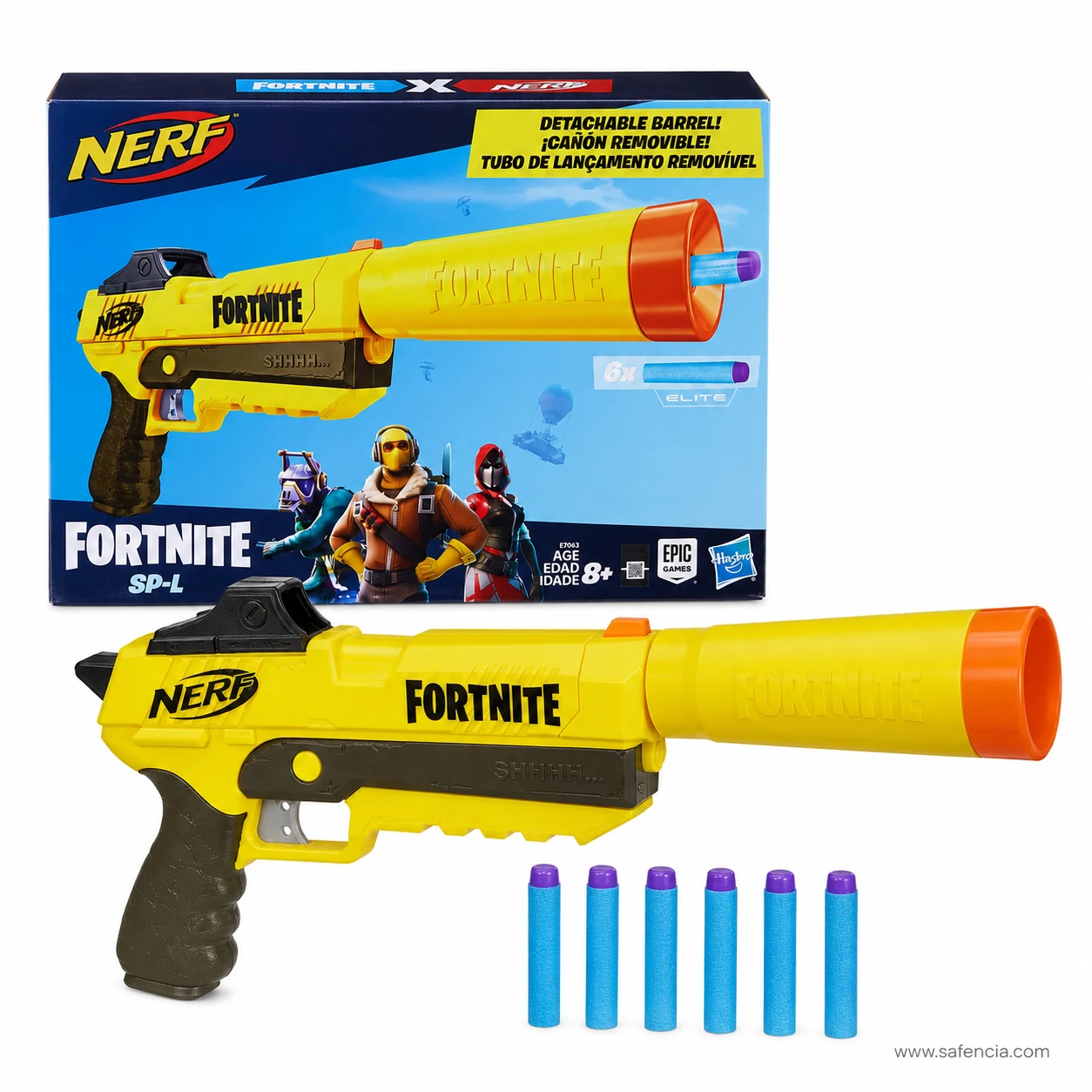 Nerf Fortnite SP-L blaster in front of its Hasbro retail box marked E7063 with an age 8 plus mark