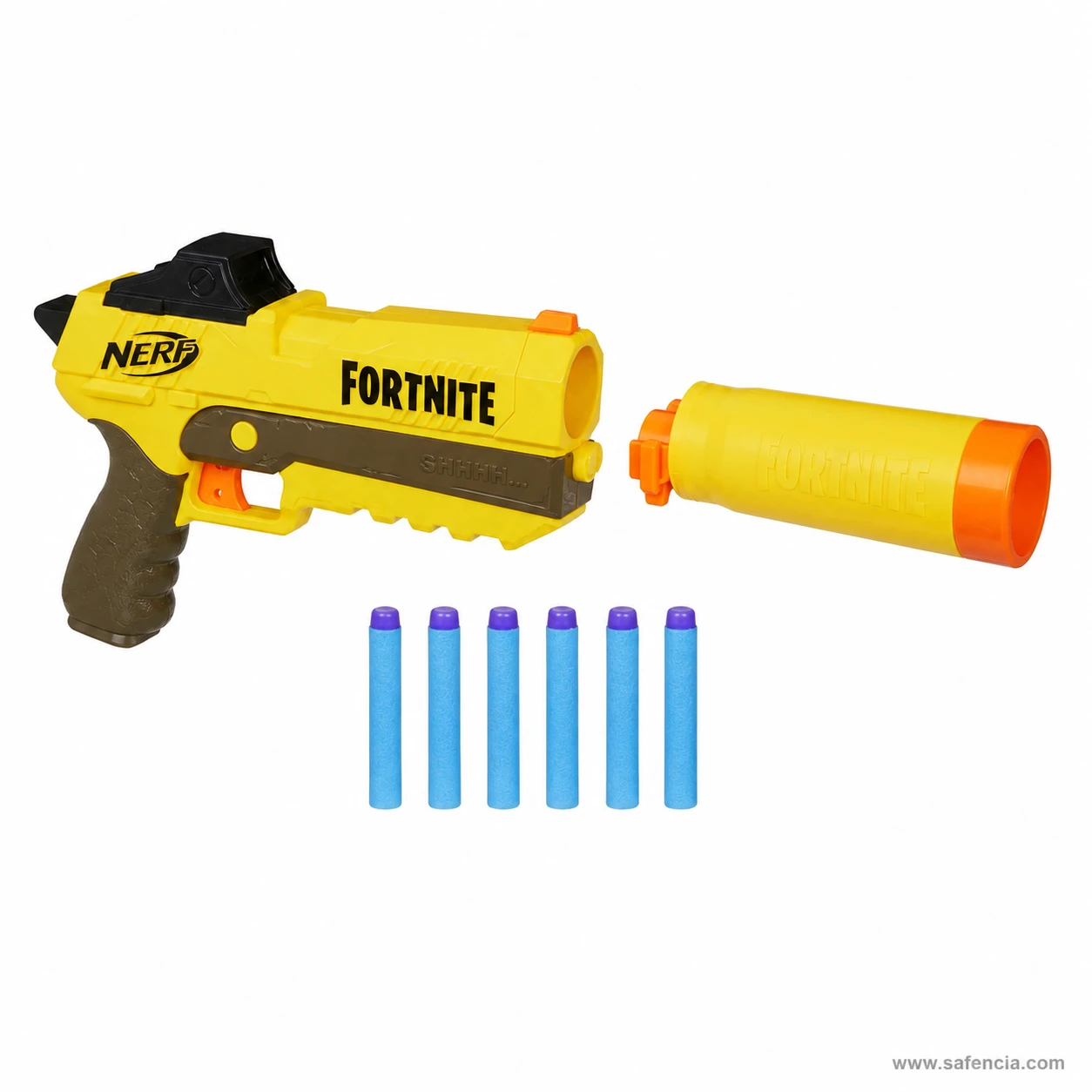 Nerf Fortnite SP-L with the detachable barrel twisted off and standing separately beside the blaster