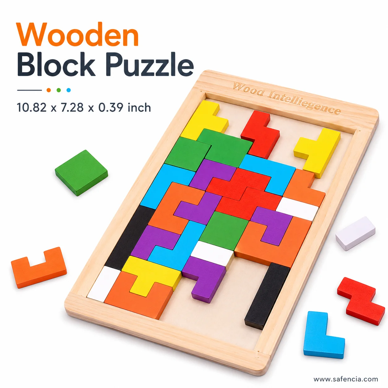Wooden Tetris block puzzle board front view with the 27.5 by 18.5 cm size noted