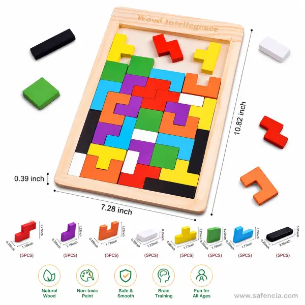 Wooden Tetris Block Puzzle Board (3D Russian Blocks Brain Teaser, 40 Pieces)