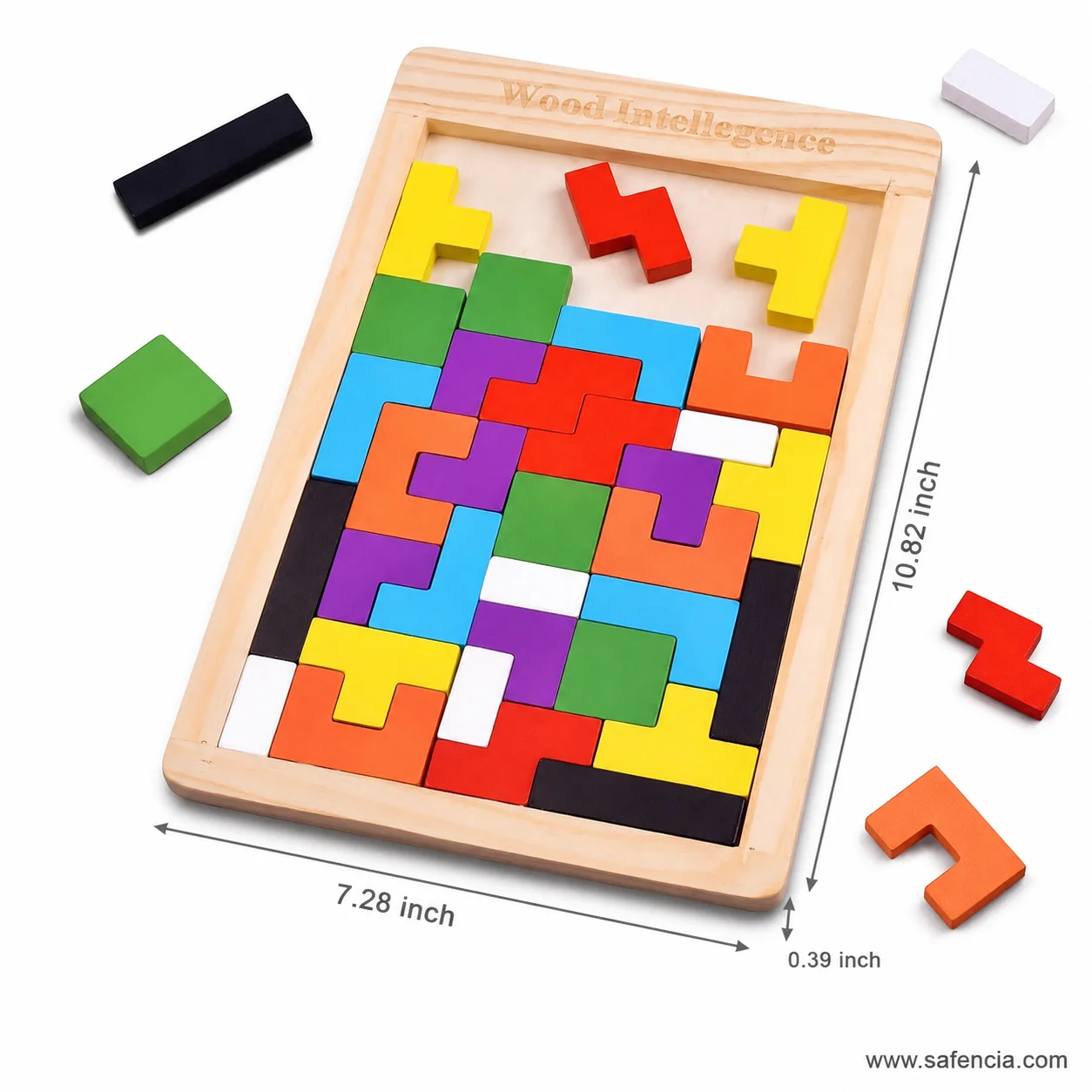 Wooden Tetris puzzle board with dimension arrows along its height and width
