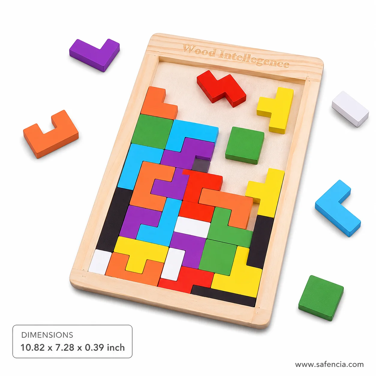 Angled view of the wooden Tetris puzzle board with loose blocks beside the tray