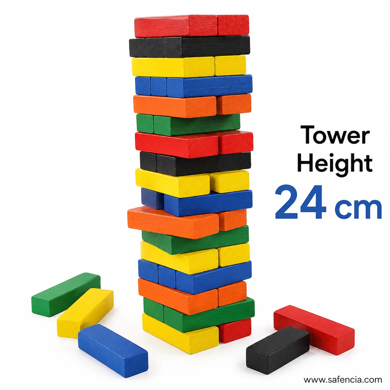 Coloured wooden block tower marked 24 cm tall with four loose blocks beside it