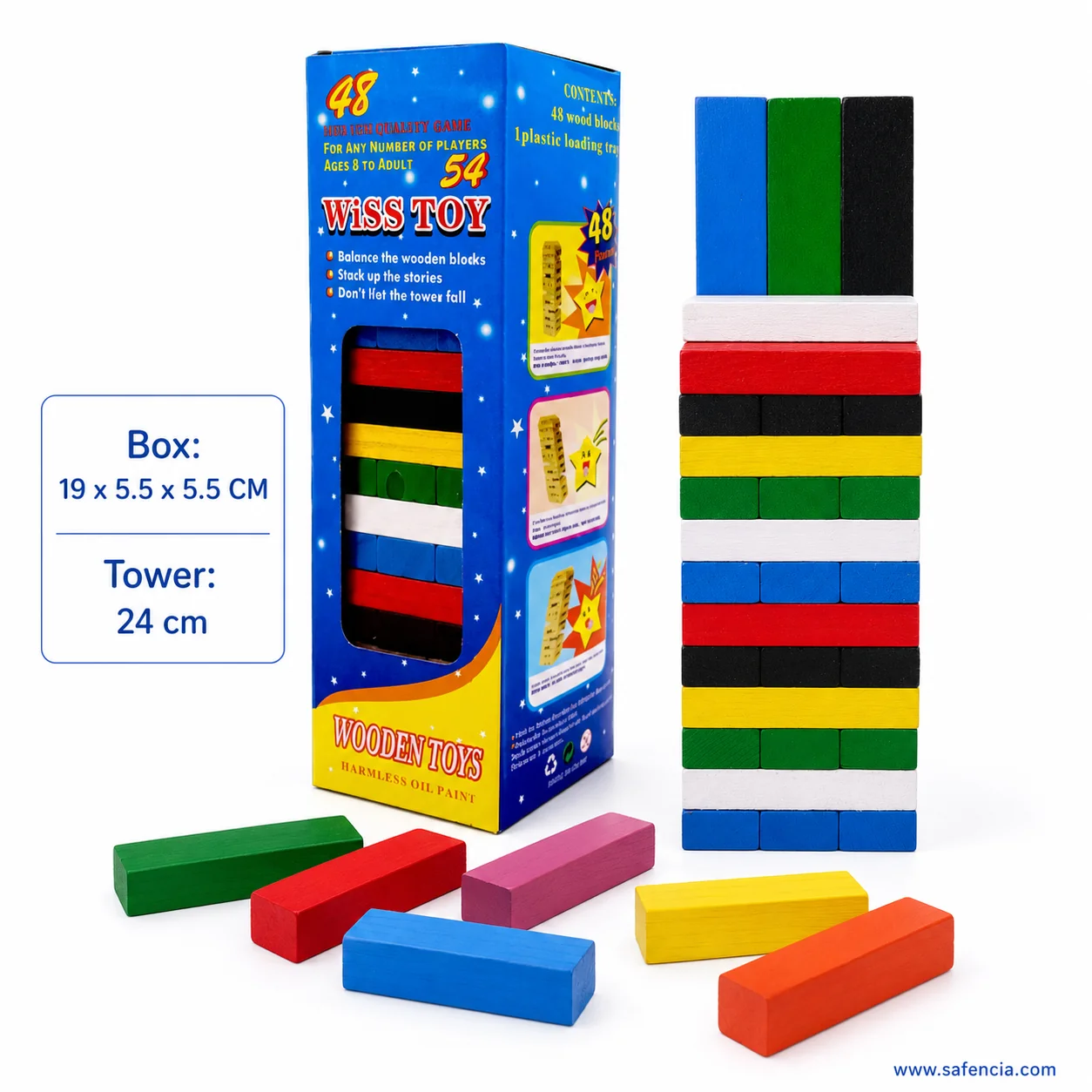 Hand pulling a yellow block from the middle of the Wiss Toy stacking tower