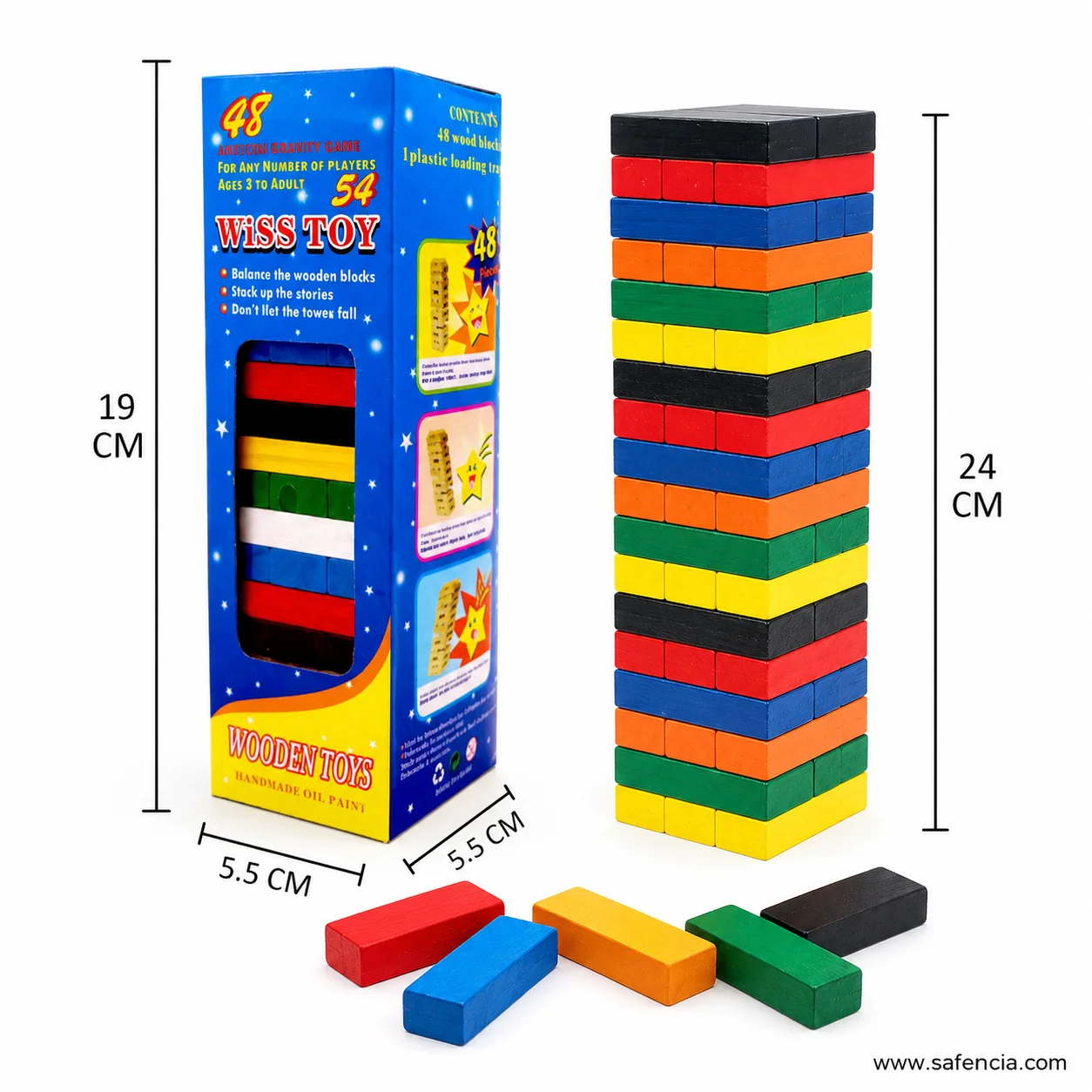 Wiss Toy carton with dimension lines showing 19 cm by 5.5 cm and the 24 cm tower
