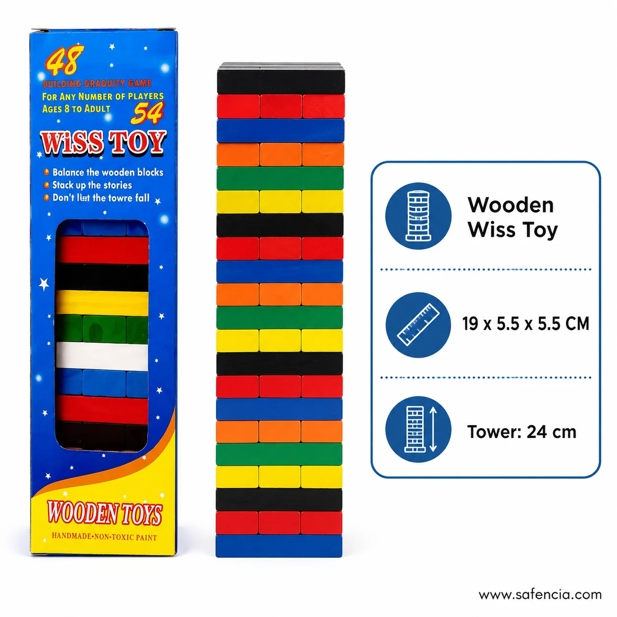 Wiss Toy stacking tower shown with a specification panel listing box and tower sizes