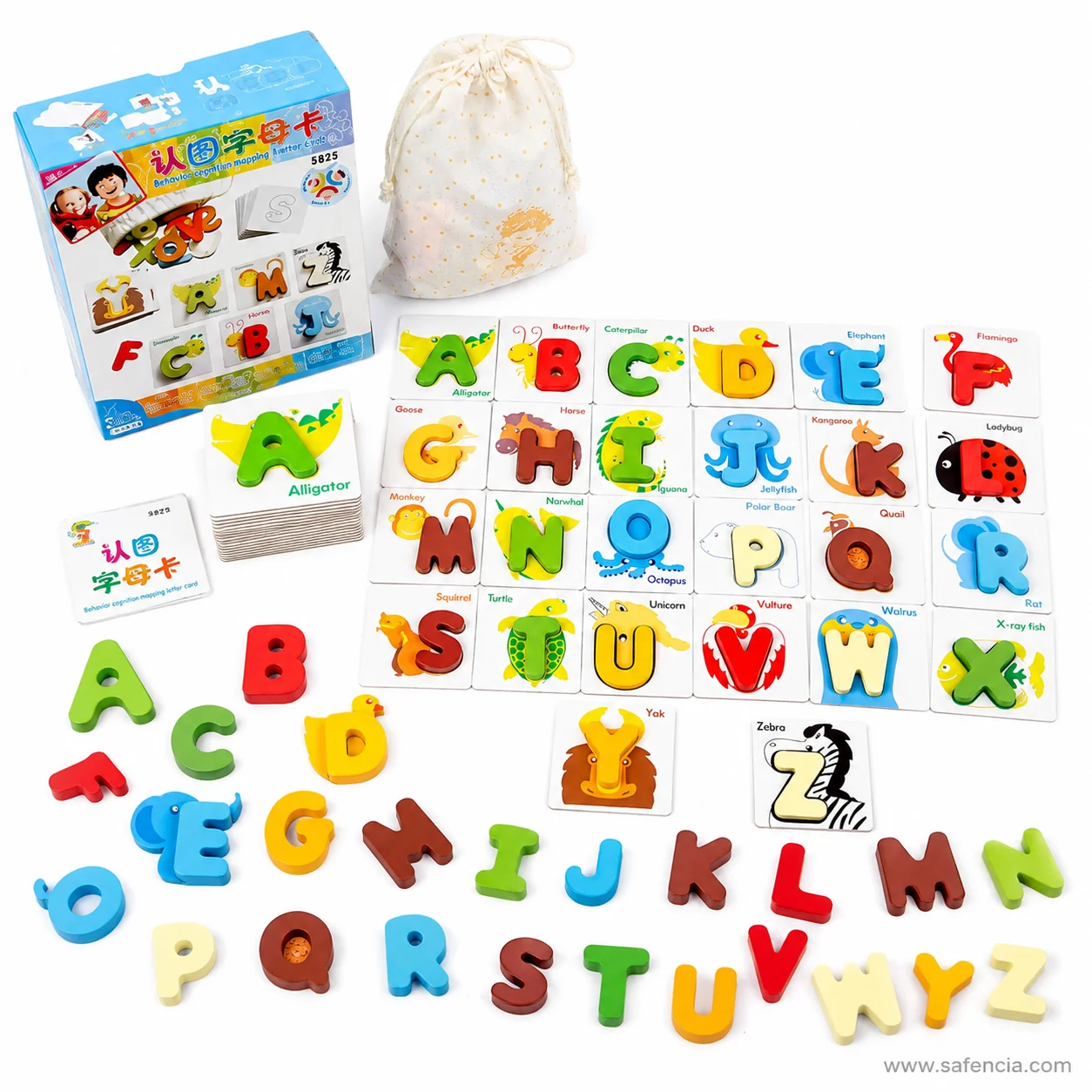All 26 animal alphabet cards and 26 wooden capital letters laid out together