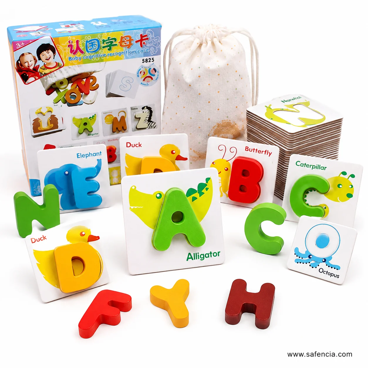 Close view of alphabet animal cards with loose wooden letters in front of them