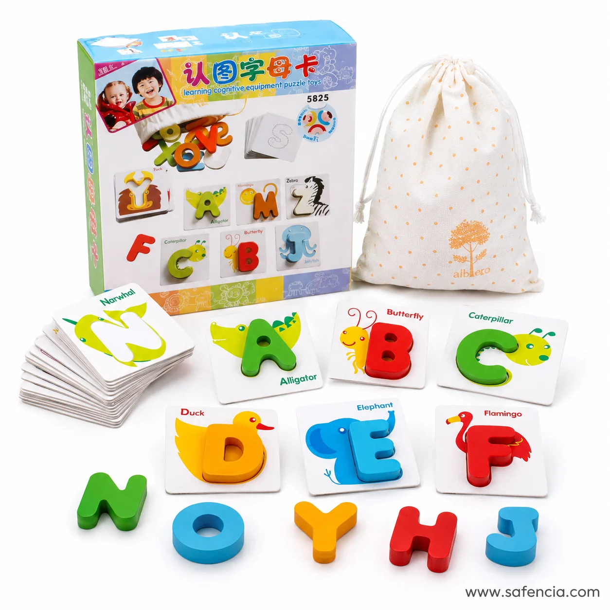 Stack of alphabet animal cards with wooden letters fitted into several of them