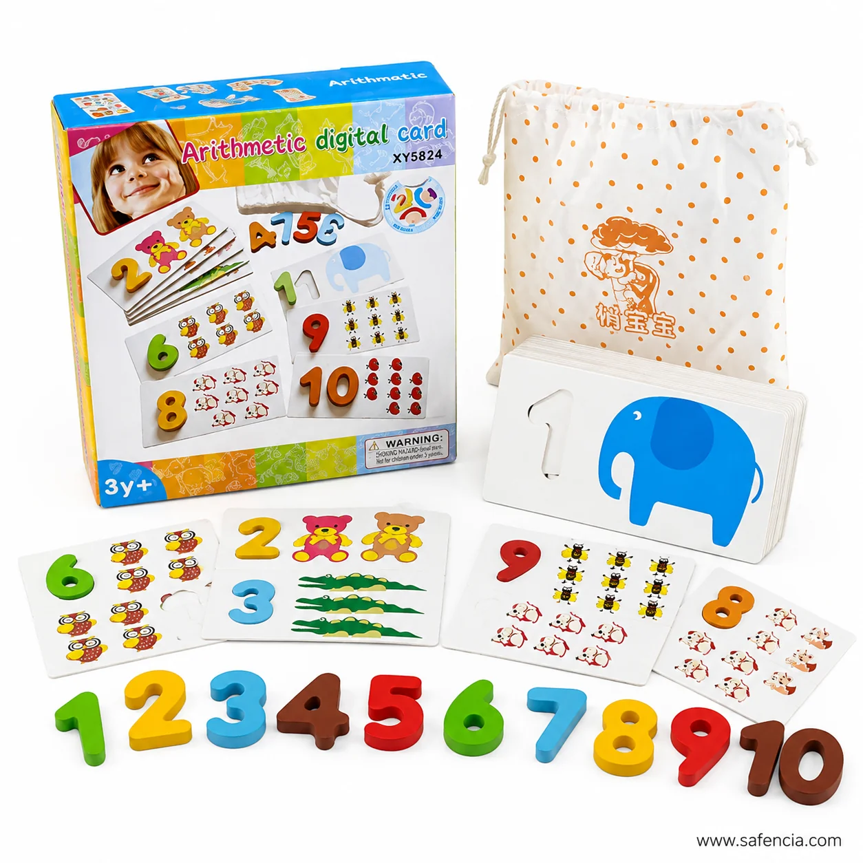 Counting cards showing animal quantities beside the wooden numerals 1 to 10
