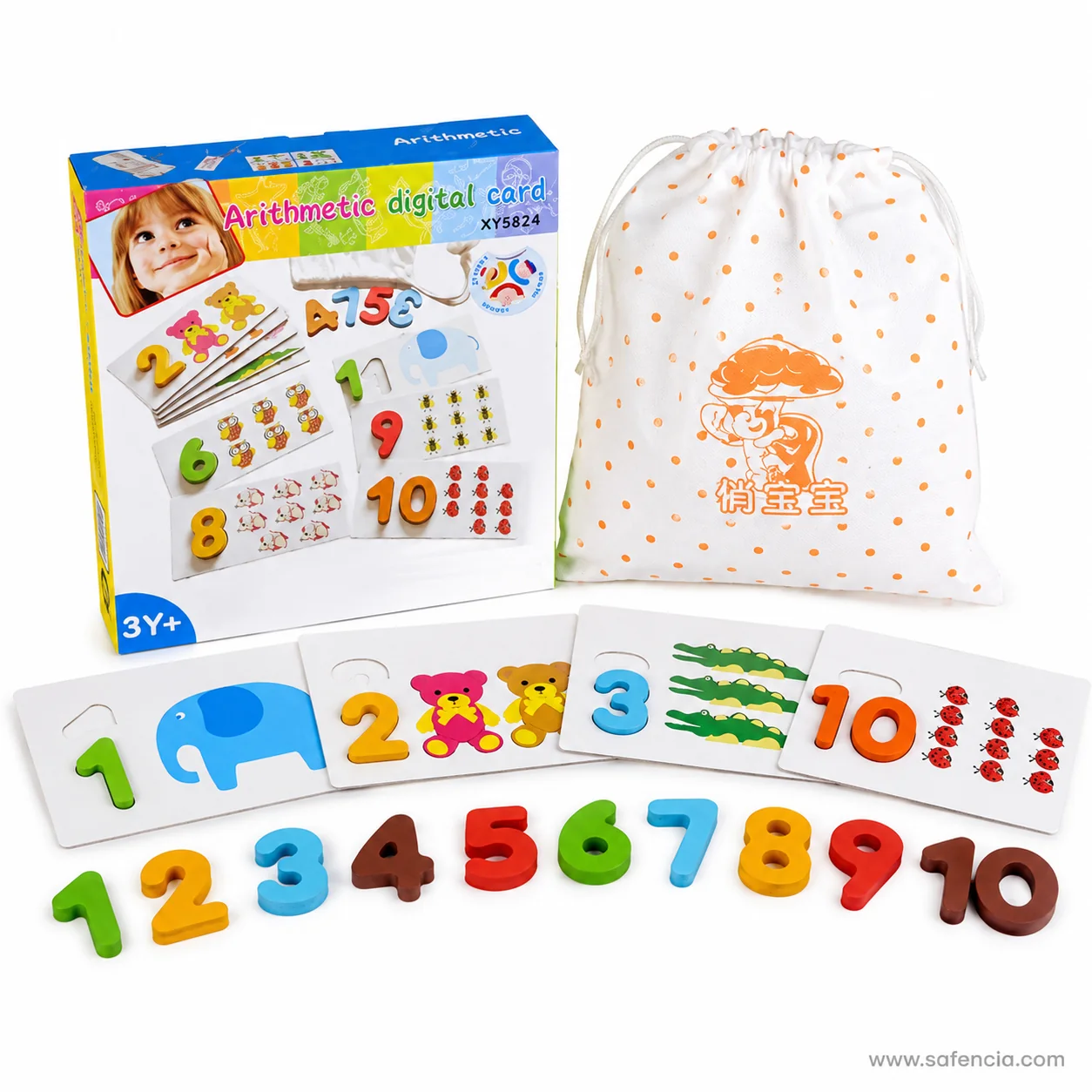 Counting cards fanned out in a curve with the ten wooden numerals below
