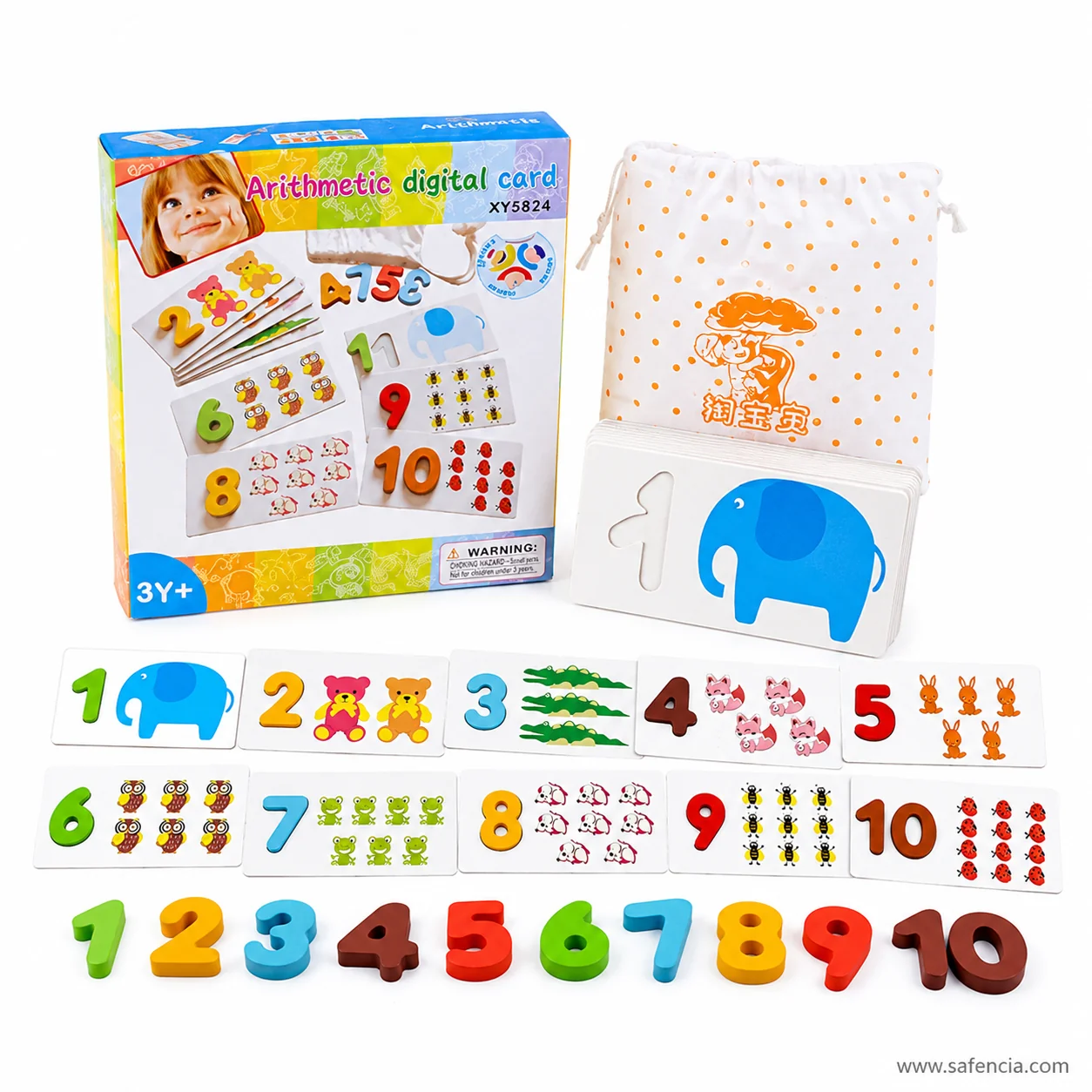 Counting cards laid in a row from one to ten with wooden numerals beneath