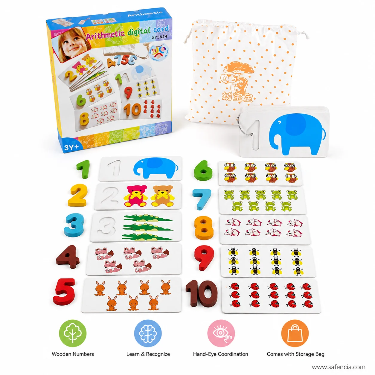 Counting cards and wooden numerals beside the cotton drawstring storage bag