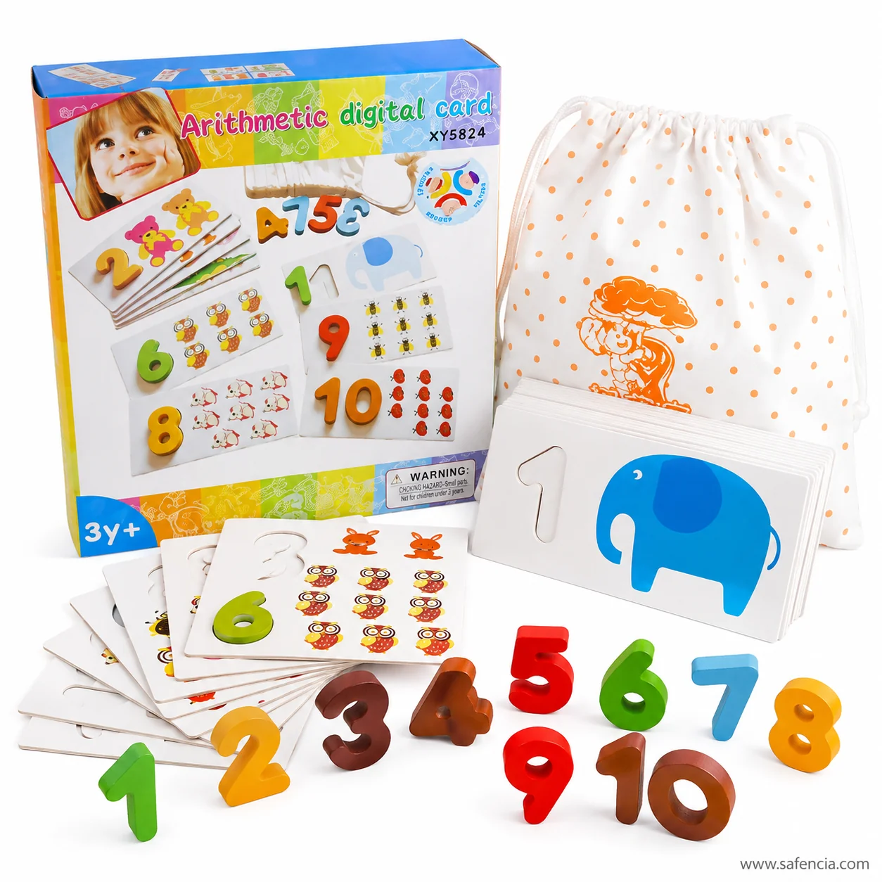 Boxed wooden counting set with card stack, storage bag and loose numerals