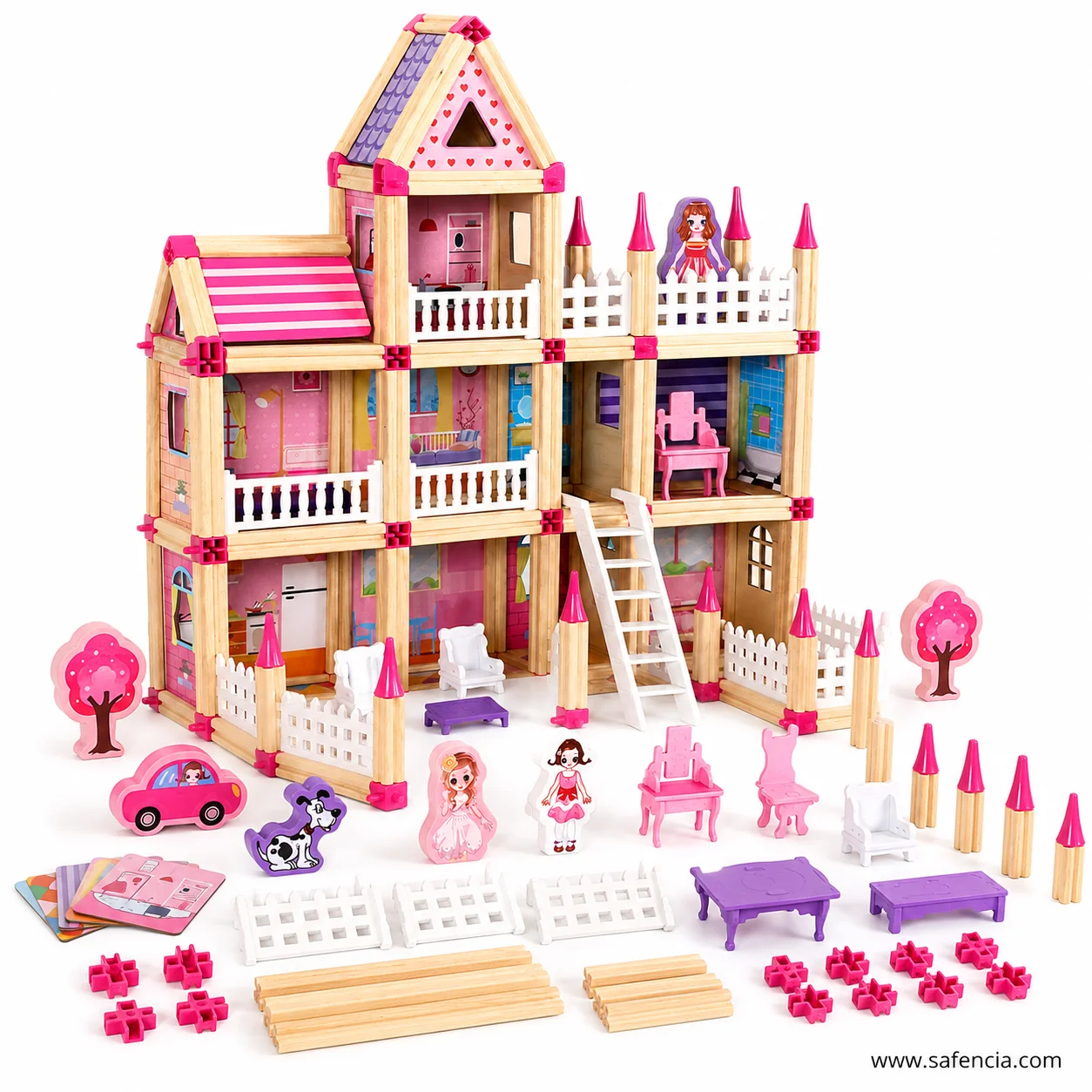 Full contents of the 298-piece princess house set laid out beside the built house