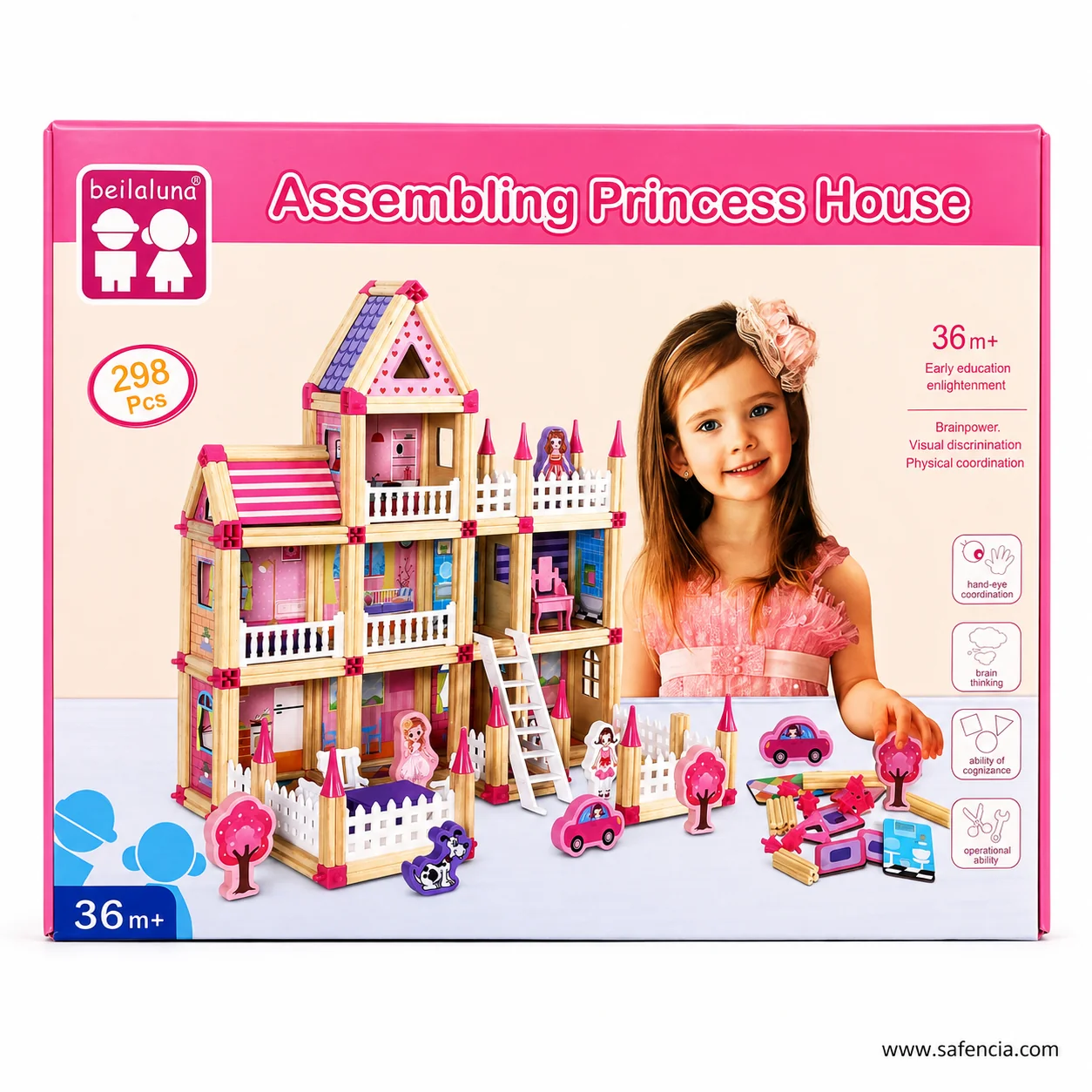 Front of the Assembling Princess House box showing 298 pieces and 36m+ age
