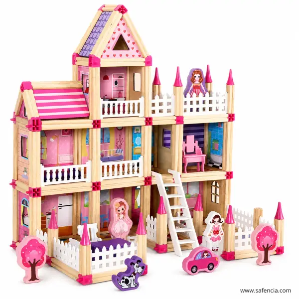 Assembling Princess House Wooden Building Blocks Set (298 Pieces, 3 Storeys)