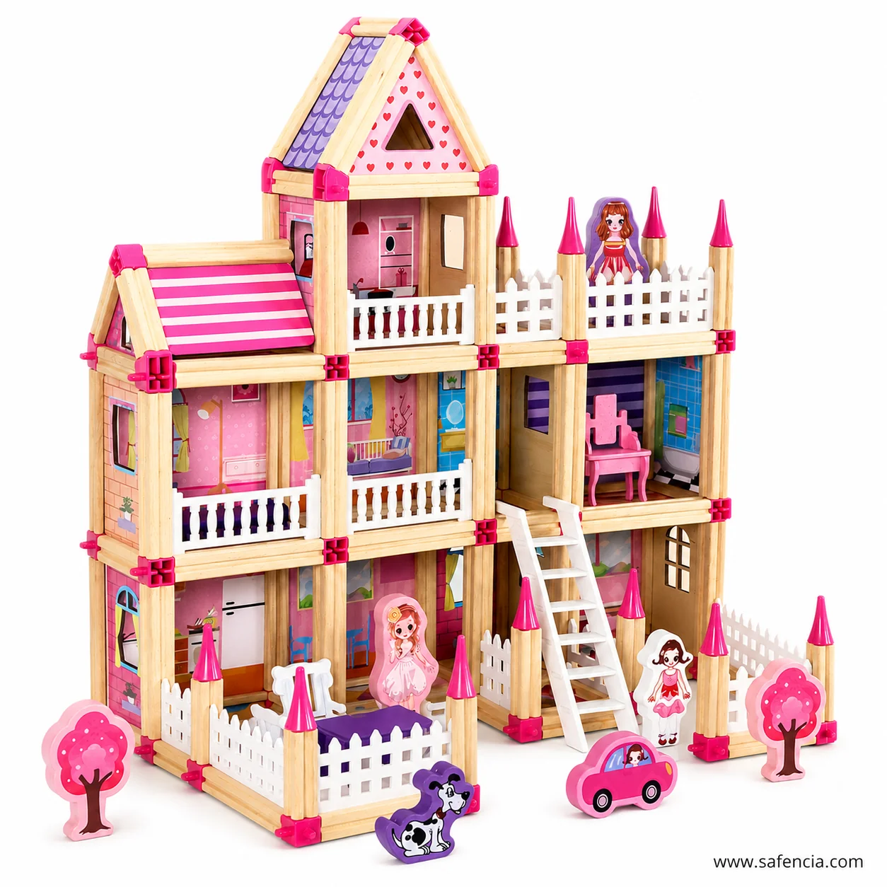 Wooden princess house showing printed room walls, balconies and turret spires