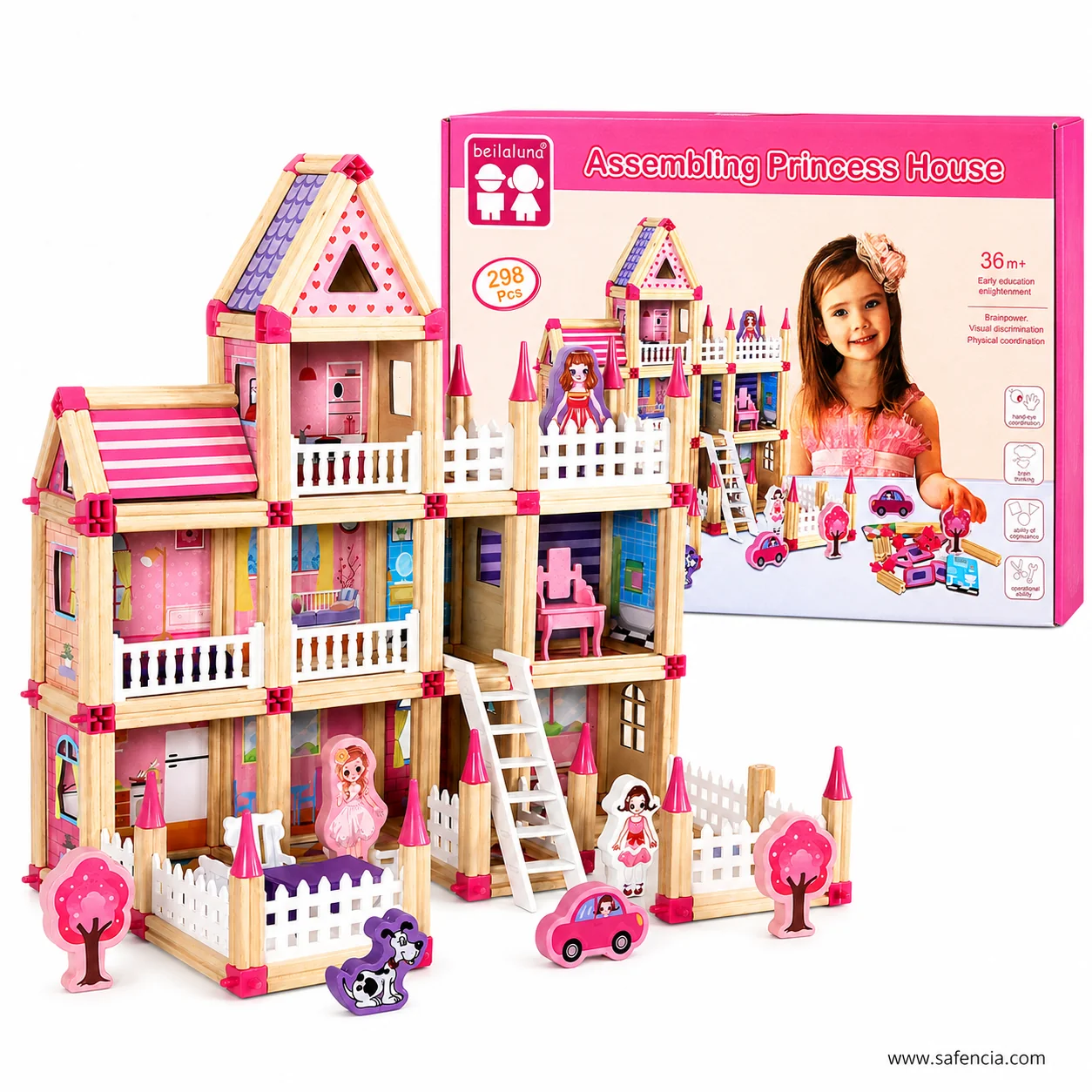 Built wooden princess house standing next to its printed retail box