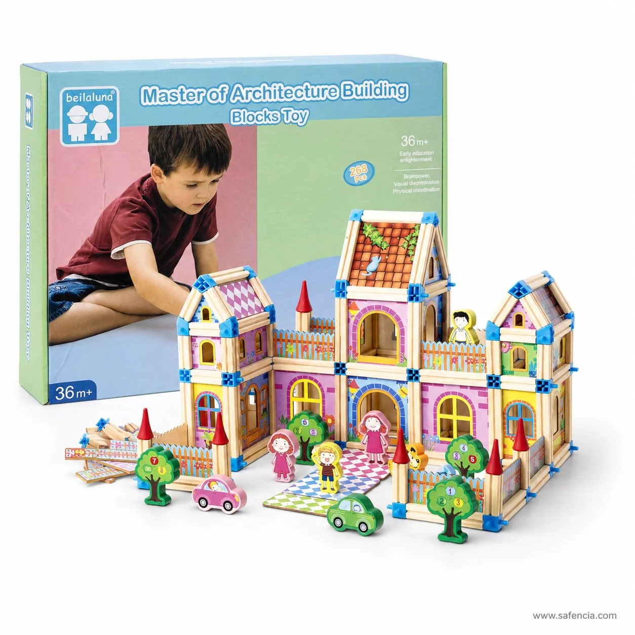 A second building made from the same architecture blocks set standing beside the carton