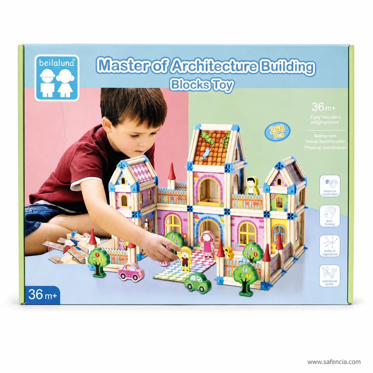 Printed carton for the architecture building blocks marked 268 Pcs and 36m plus